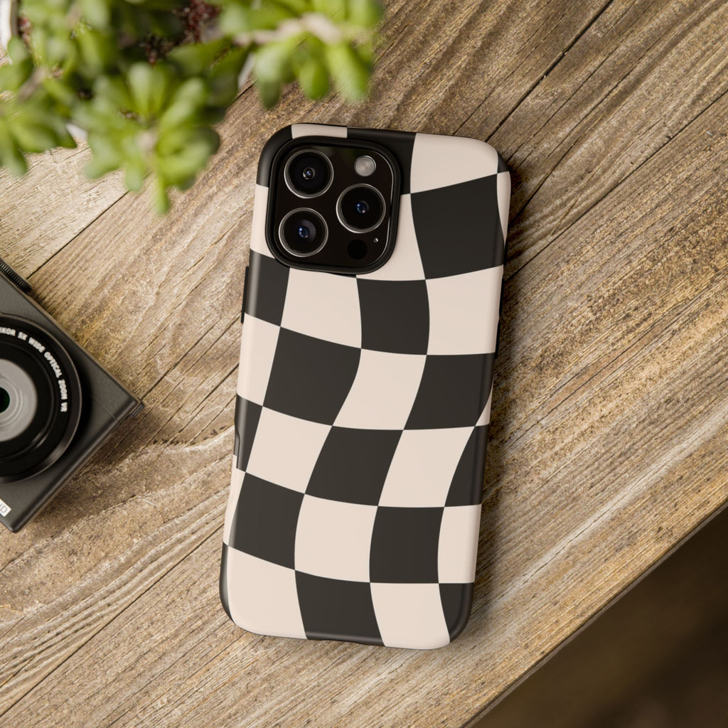 Black & White Wavy Checkered Phone Case — Black & Cream Retro Racing Pattern Tough Case