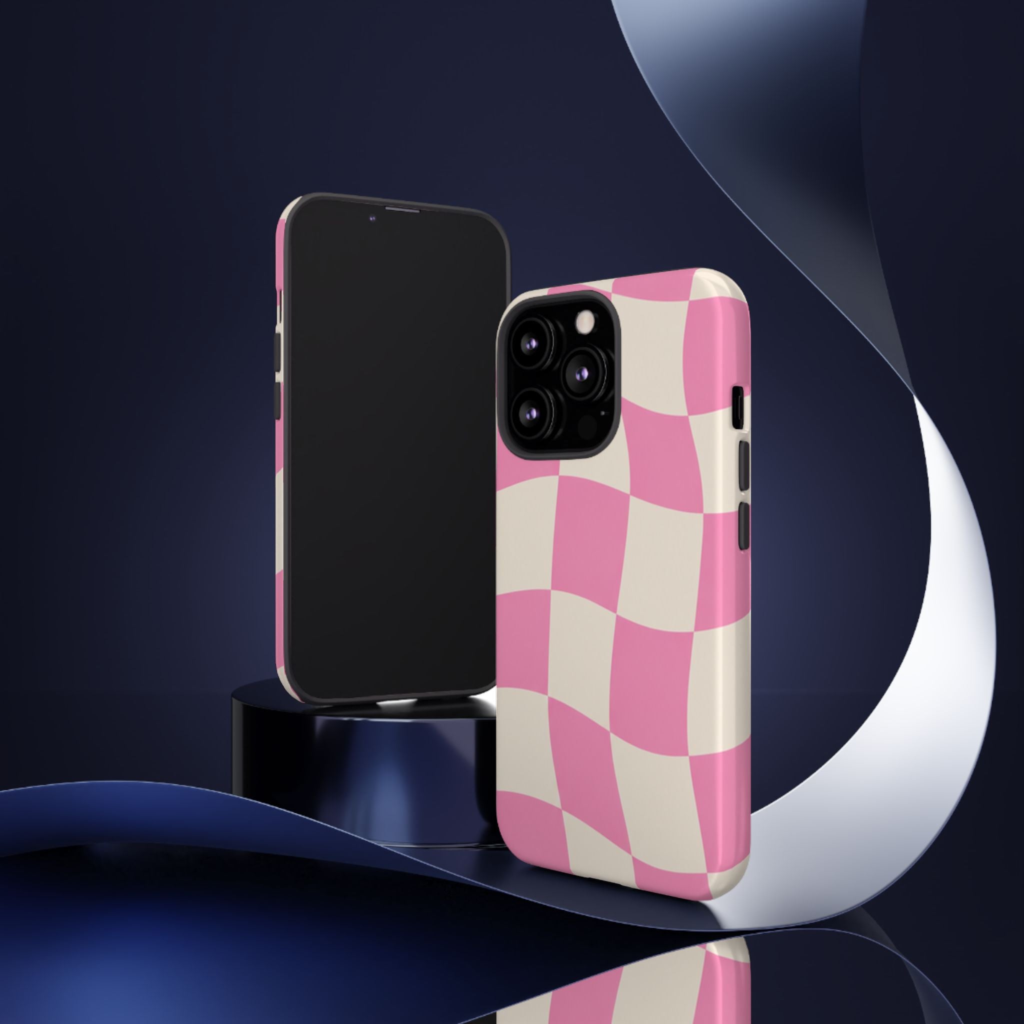 Pink Wavy Checkered Tough Phone Case — Retro Distorted Checkerboard Design