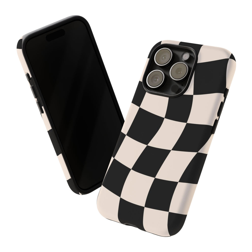 Black & White Wavy Checkered Phone Case — Black & Cream Retro Racing Pattern Tough Case