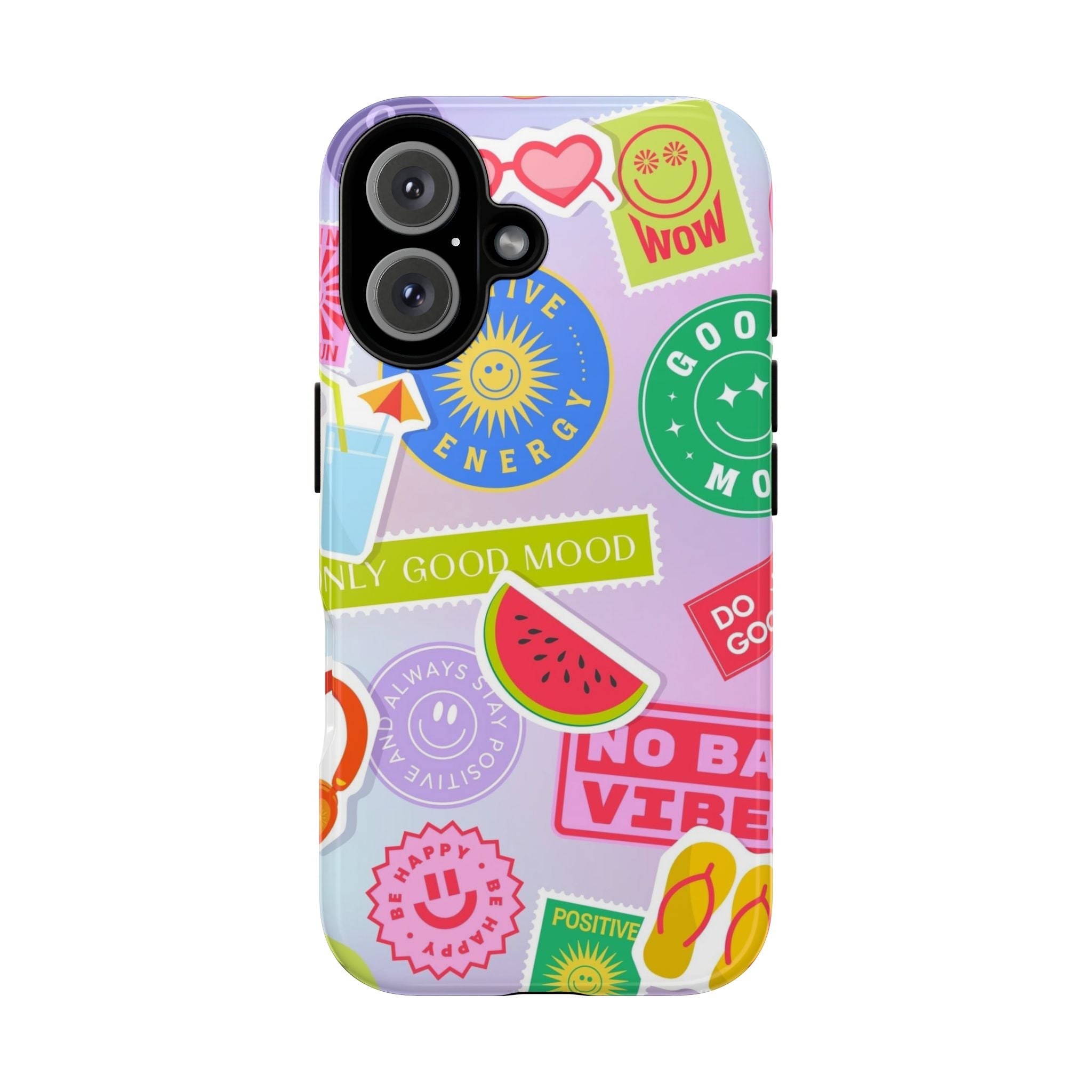 Good Vibes Only — Colorful Sticker Collage "No Bad Vibes" iPhone Case