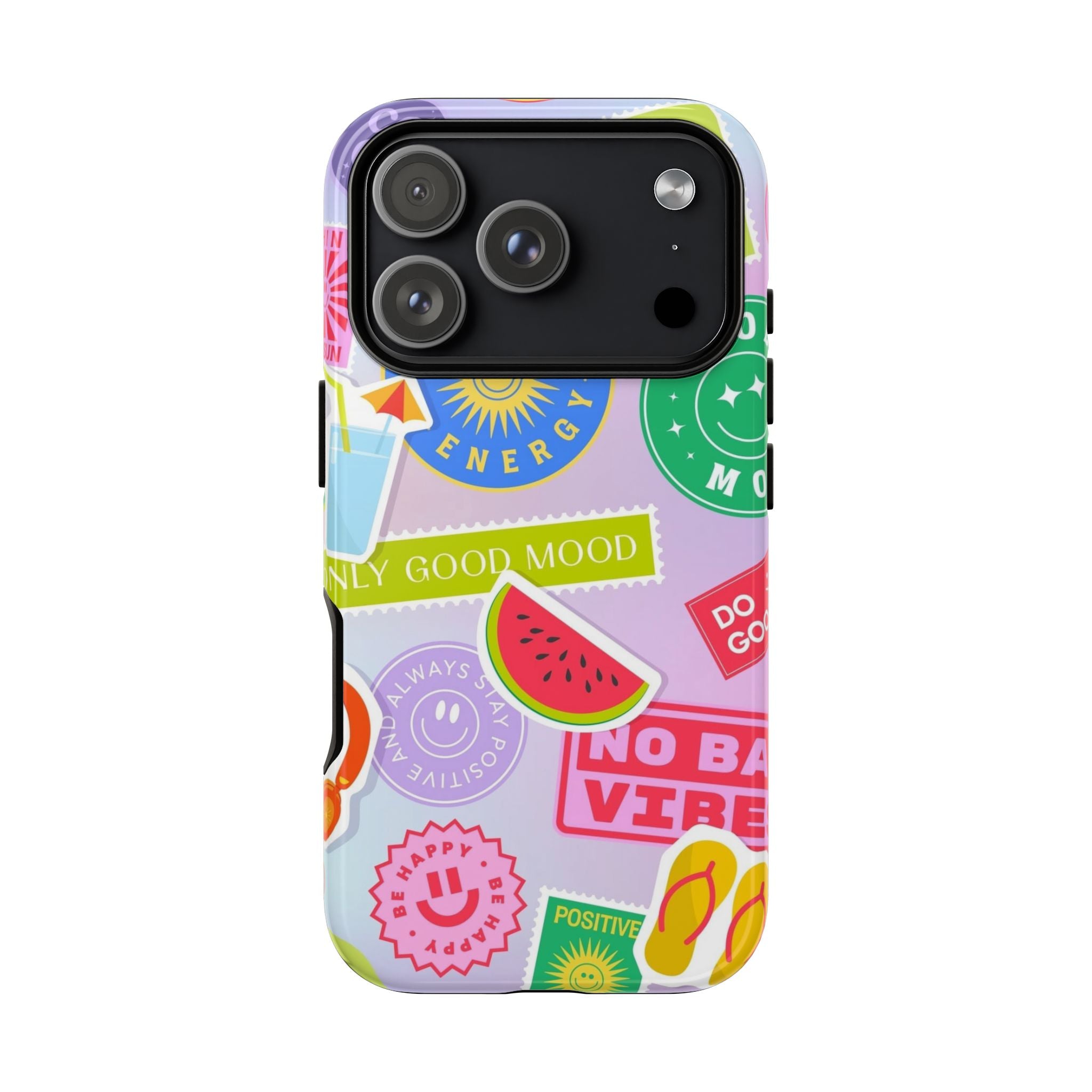 Good Vibes Only — Colorful Sticker Collage "No Bad Vibes" iPhone Case