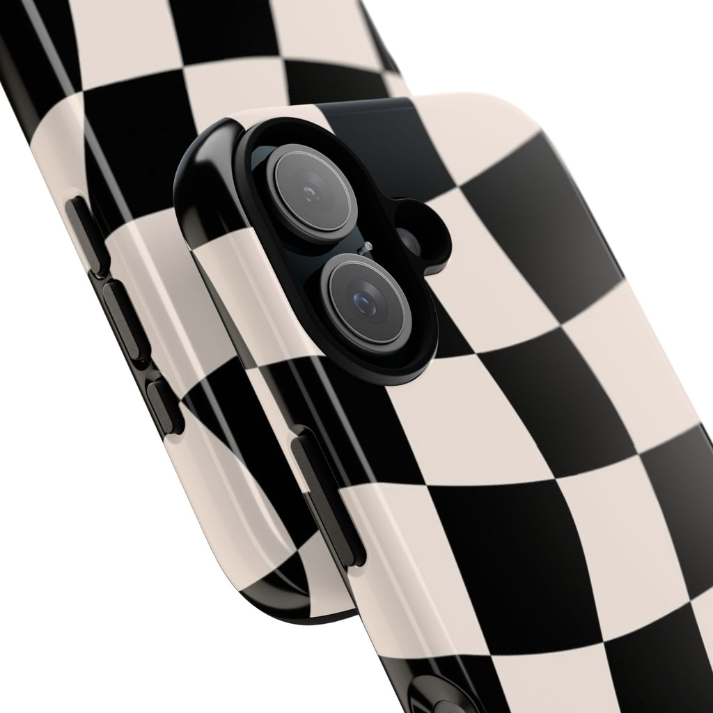Black & White Wavy Checkered Phone Case — Black & Cream Retro Racing Pattern Tough Case