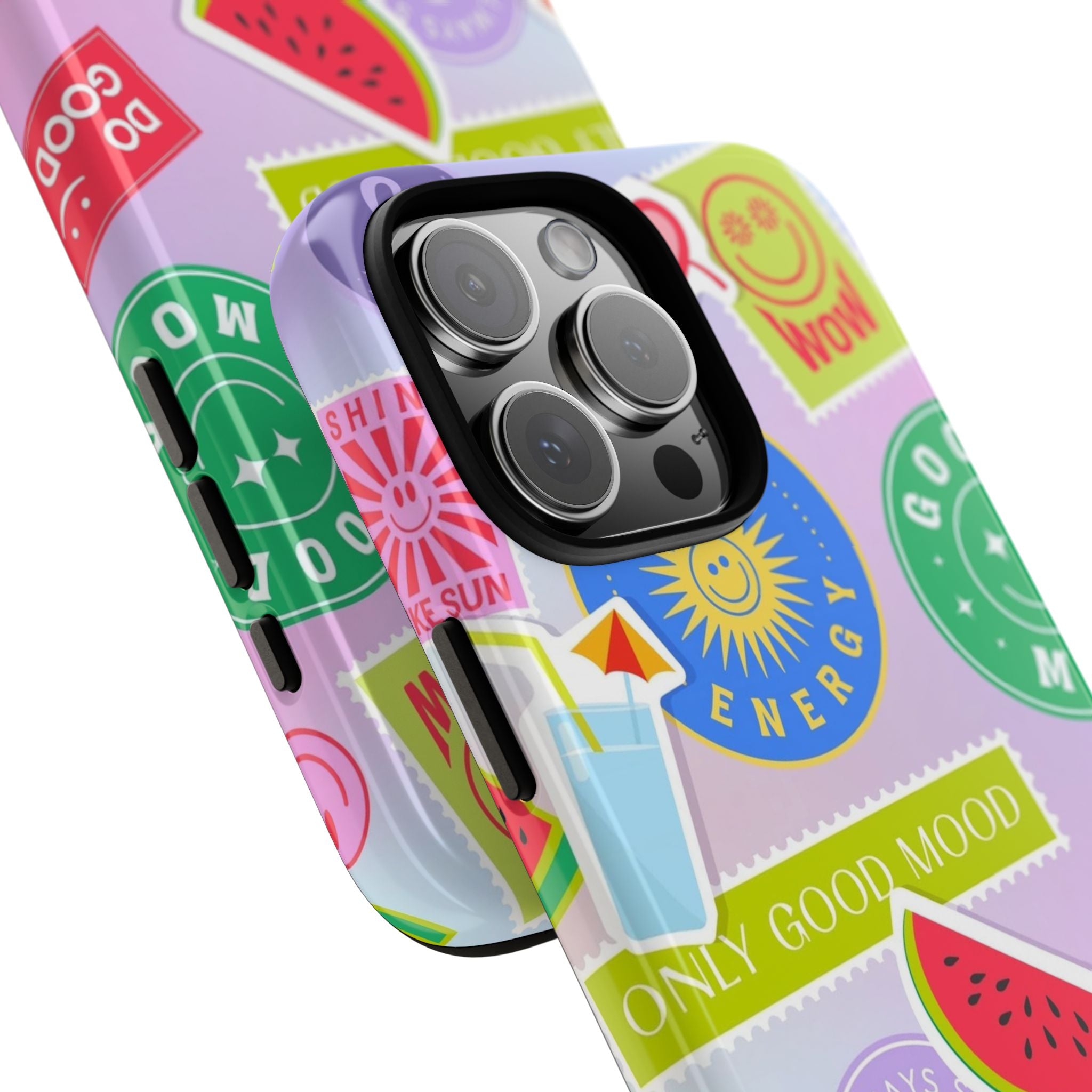 Good Vibes Only — Colorful Sticker Collage "No Bad Vibes" iPhone Case