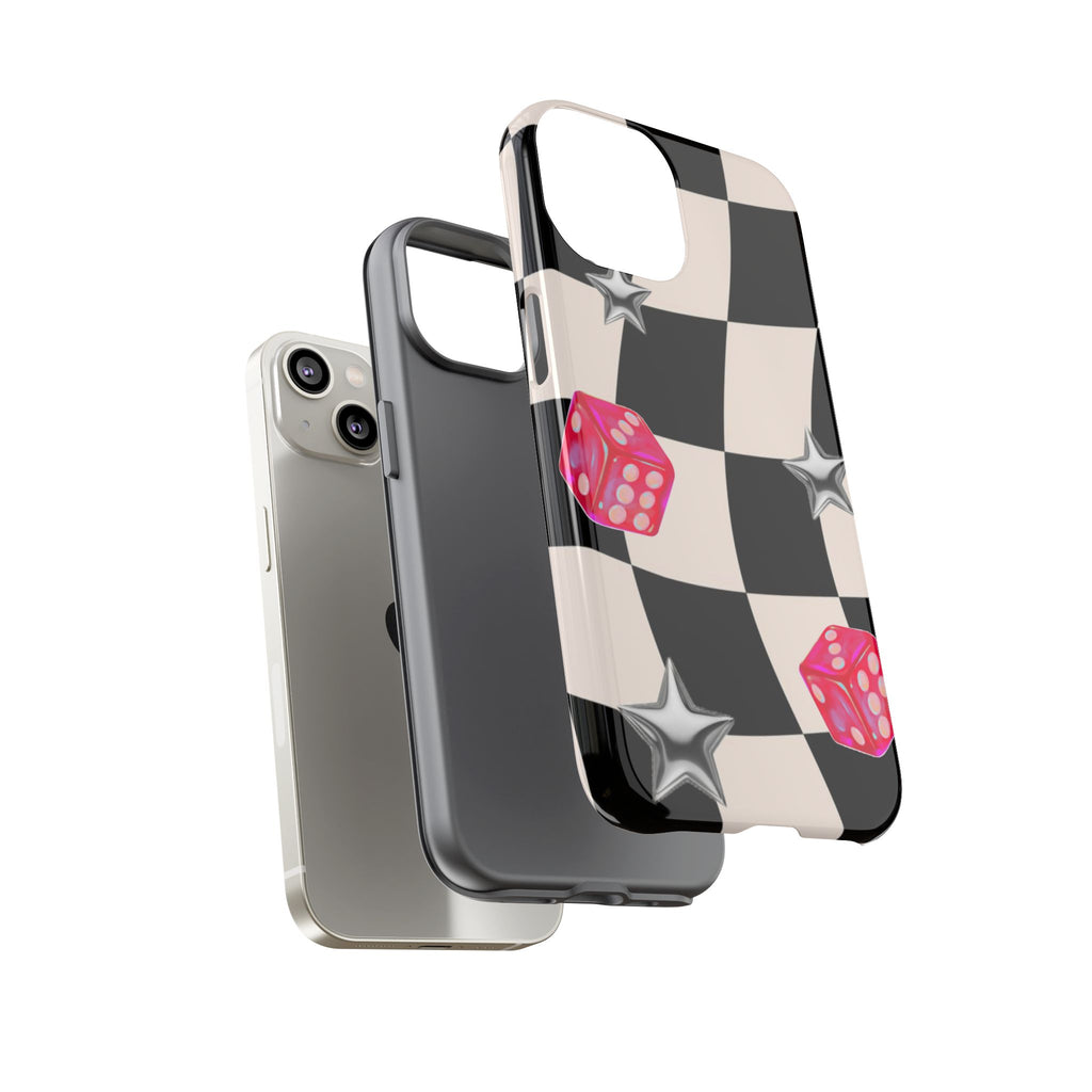 Black & White Checkerboard Dice — Retro Pink Dice & Silver Star iPhone Cover