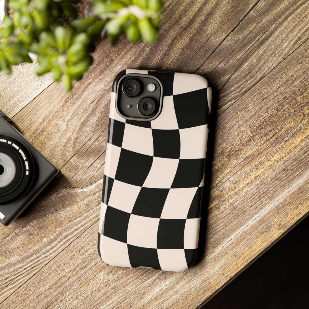 Black & White Wavy Checkered Phone Case — Black & Cream Retro Racing Pattern Tough Case