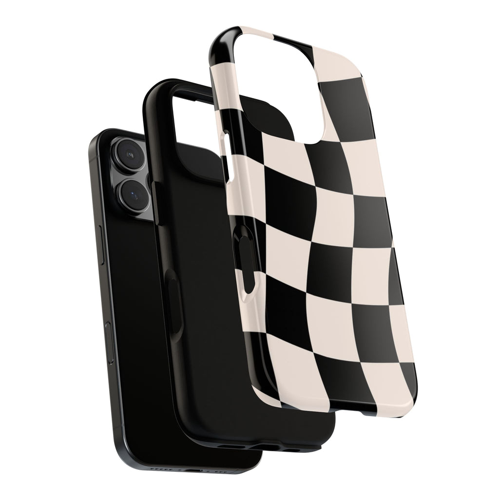 Black & White Wavy Checkered Phone Case — Black & Cream Retro Racing Pattern Tough Case
