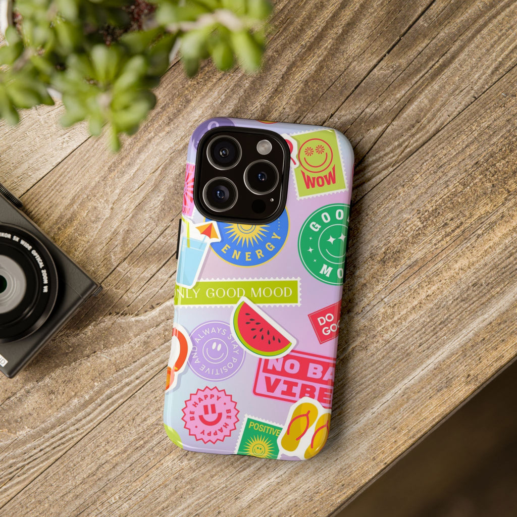 Good Vibes Only — Colorful Sticker Collage "No Bad Vibes" iPhone Case