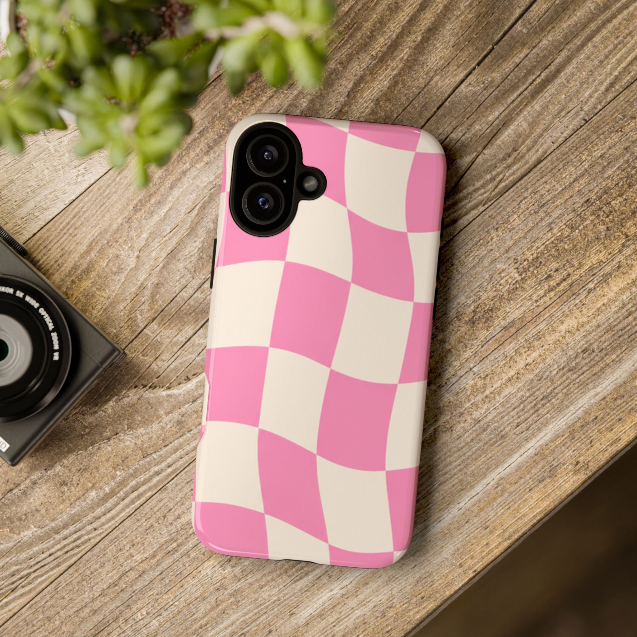 Pink Wavy Checkered Tough Phone Case — Retro Distorted Checkerboard Design