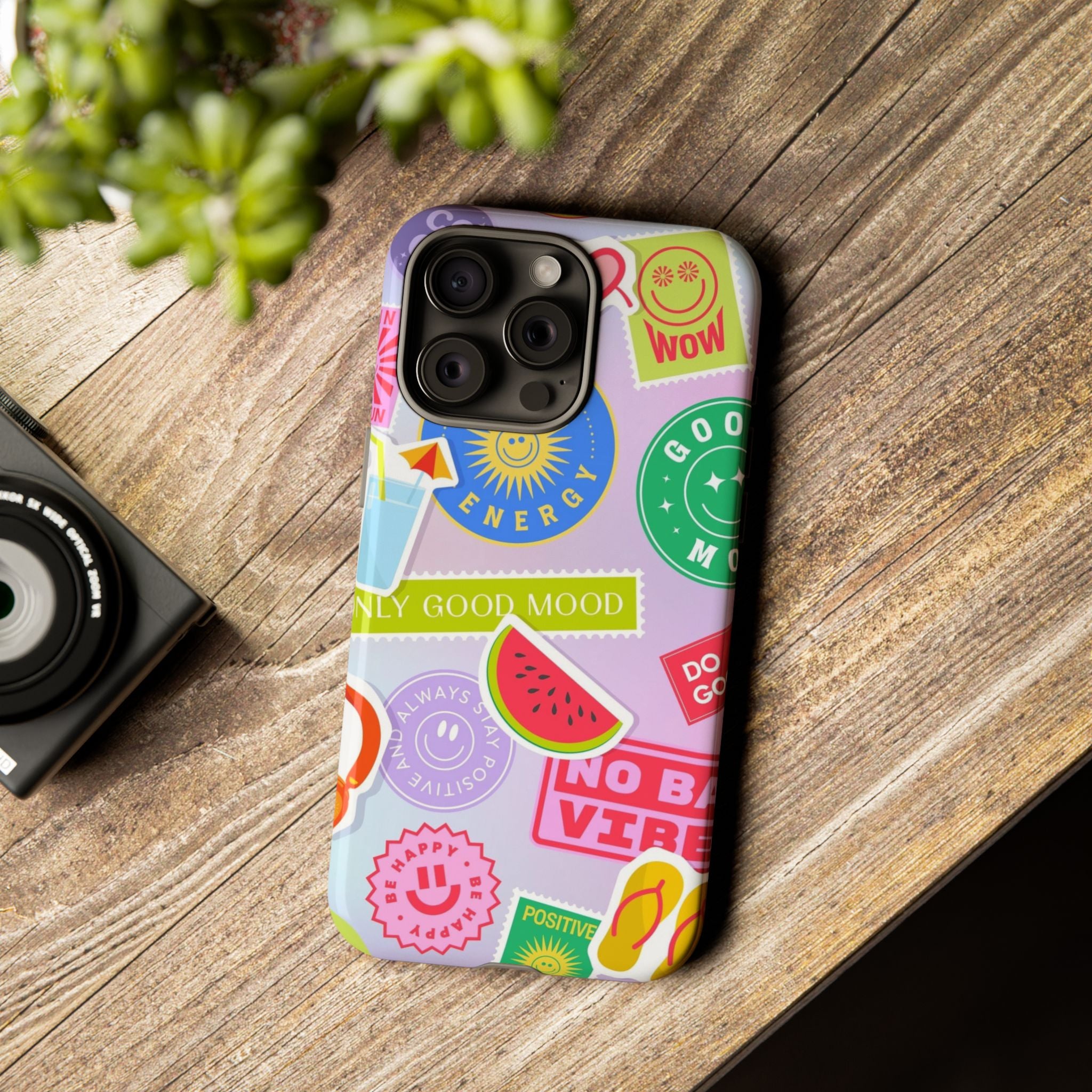 Good Vibes Only — Colorful Sticker Collage "No Bad Vibes" iPhone Case