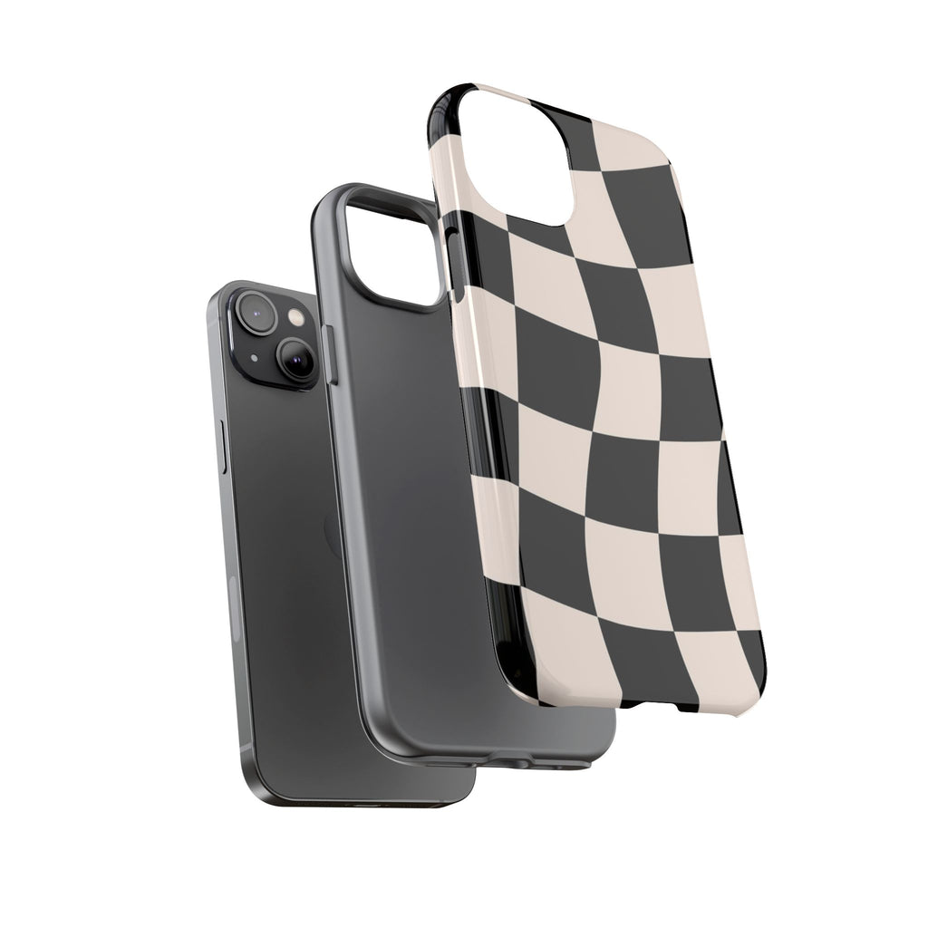 Black & White Wavy Checkered Phone Case — Black & Cream Retro Racing Pattern Tough Case