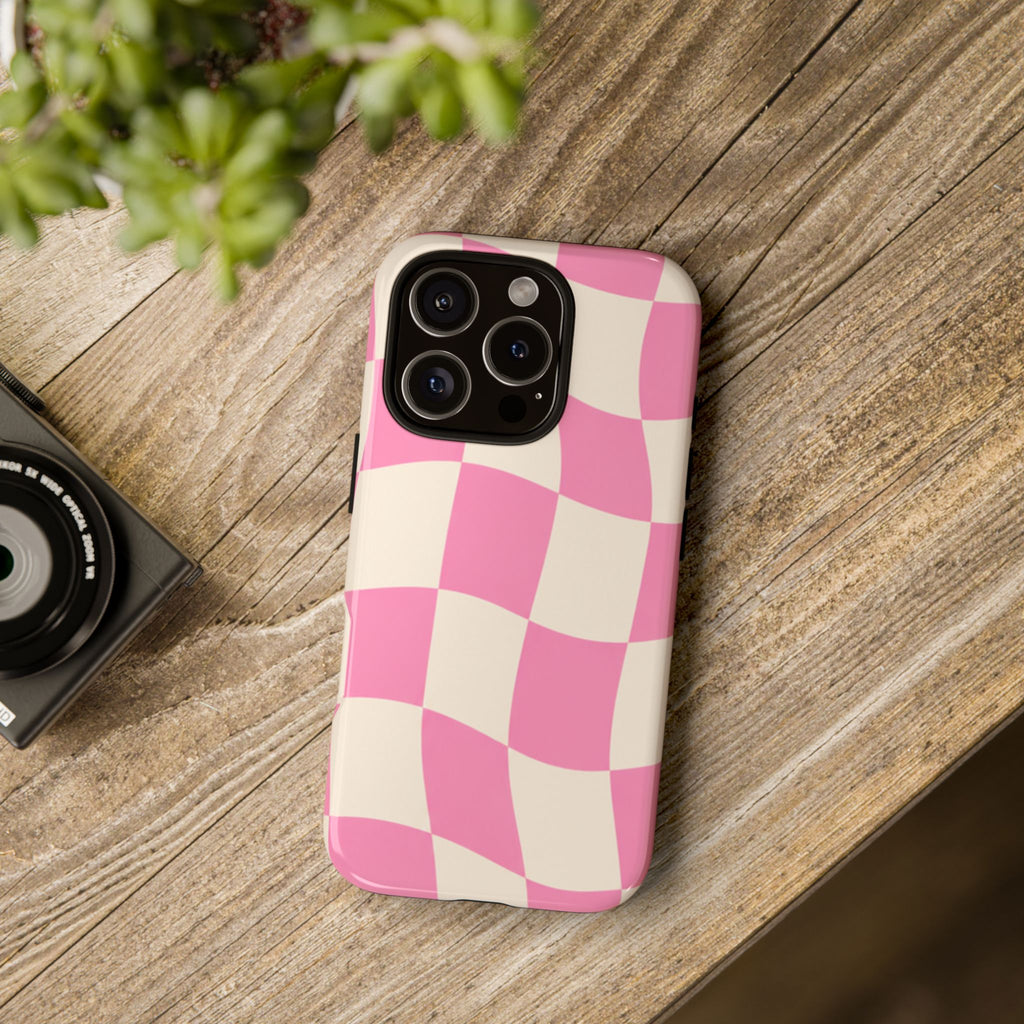 Pink Wavy Checkered Tough Phone Case — Retro Distorted Checkerboard Design