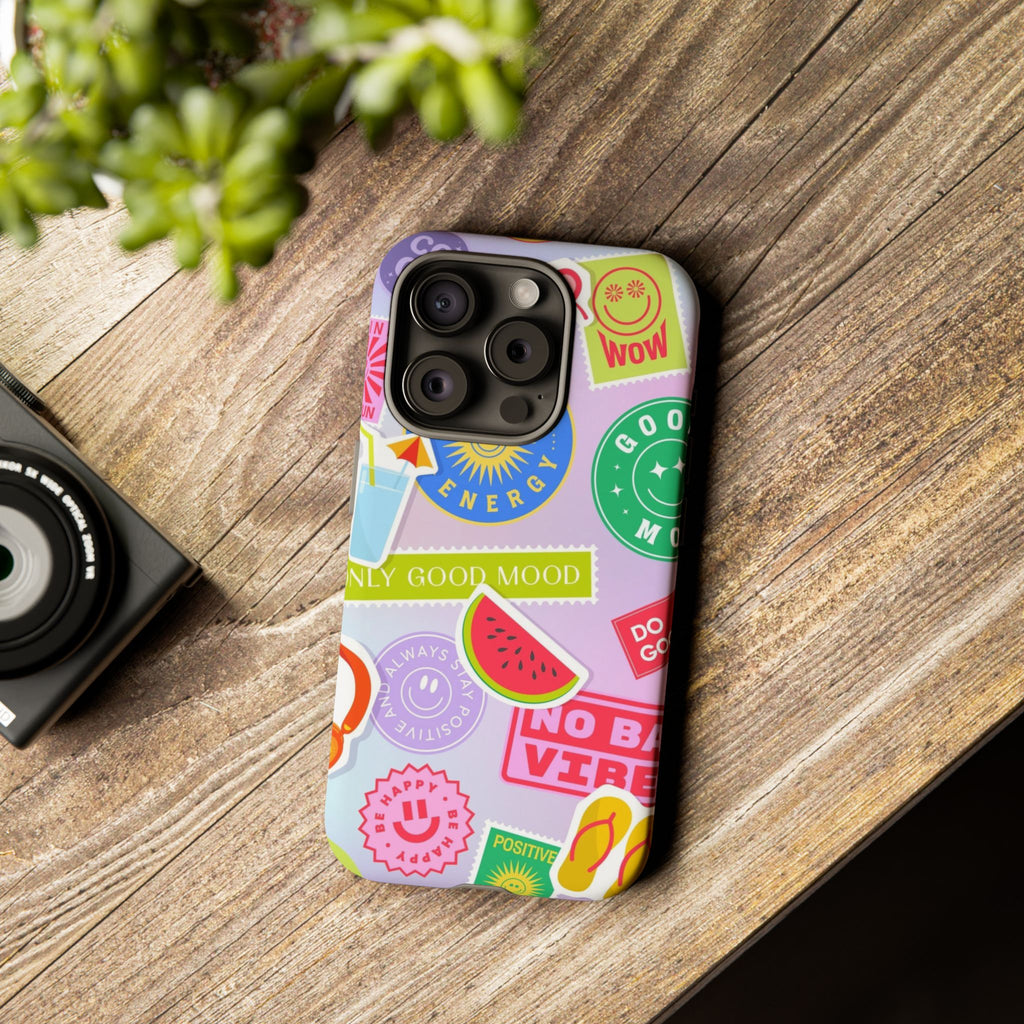 Good Vibes Only — Colorful Sticker Collage "No Bad Vibes" iPhone Case