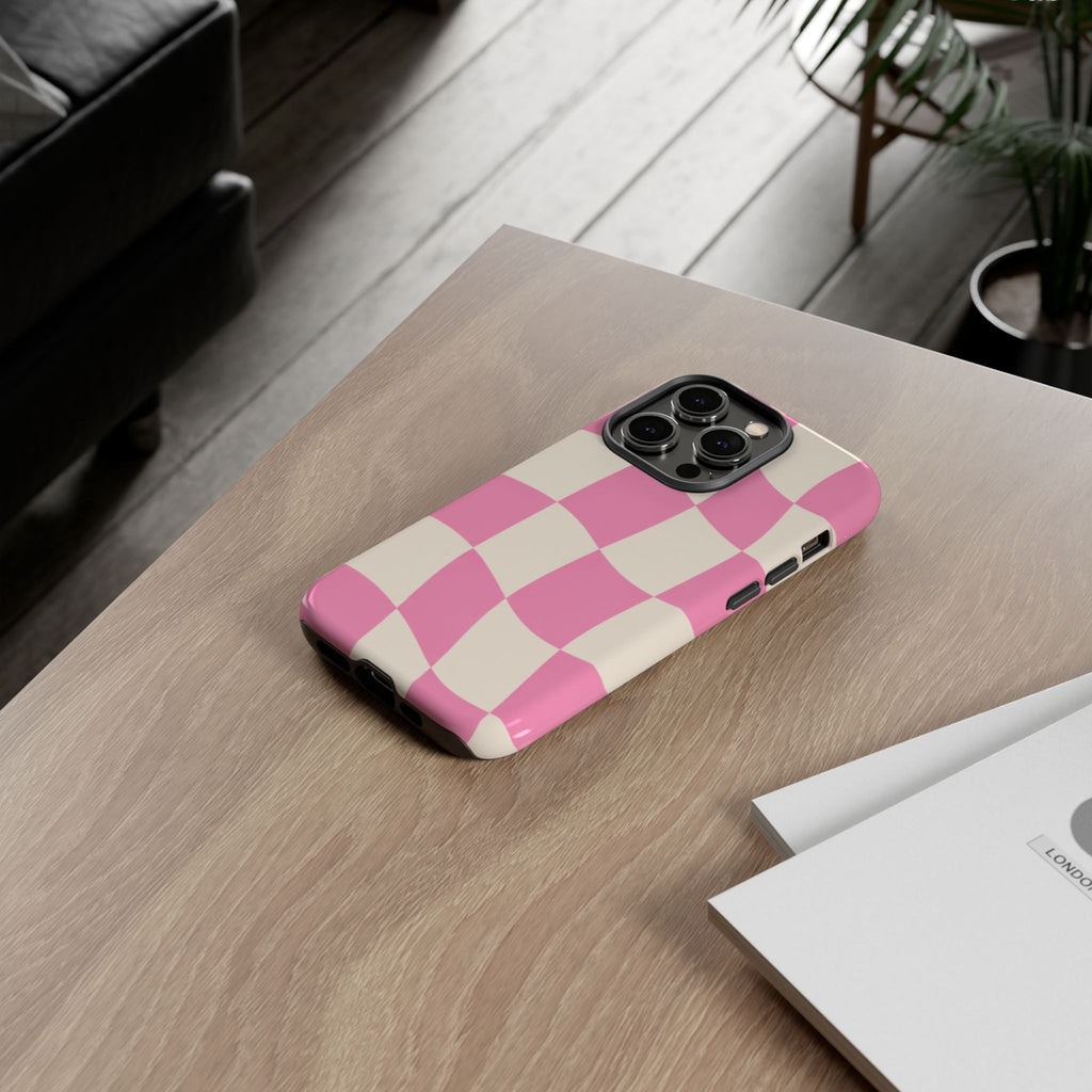 Pink Wavy Checkered Tough Phone Case — Retro Distorted Checkerboard Design