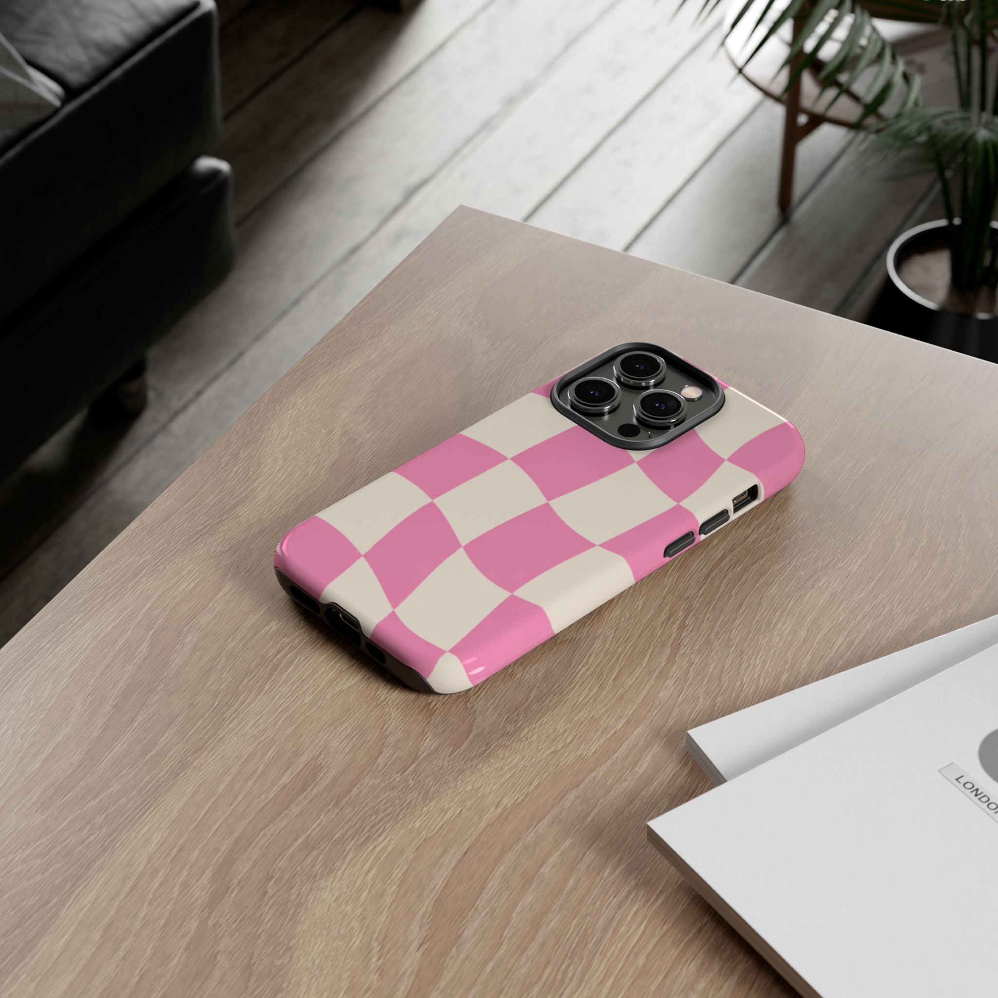 Pink Wavy Checkered Tough Phone Case — Retro Distorted Checkerboard Design