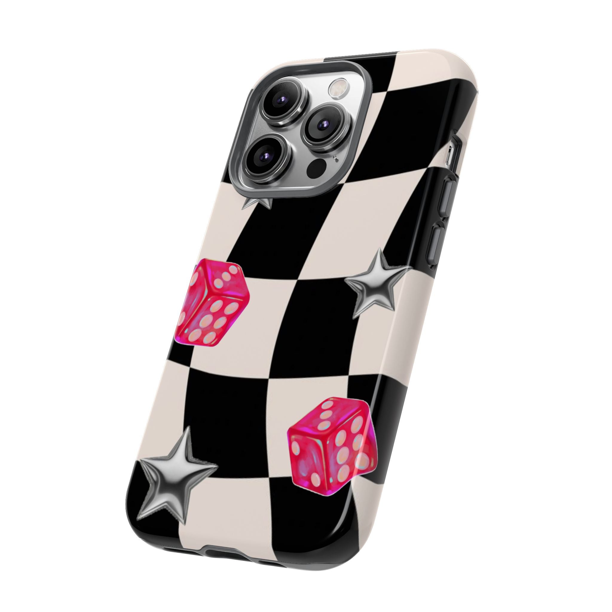 Black & White Checkerboard Dice — Retro Pink Dice & Silver Star iPhone Cover