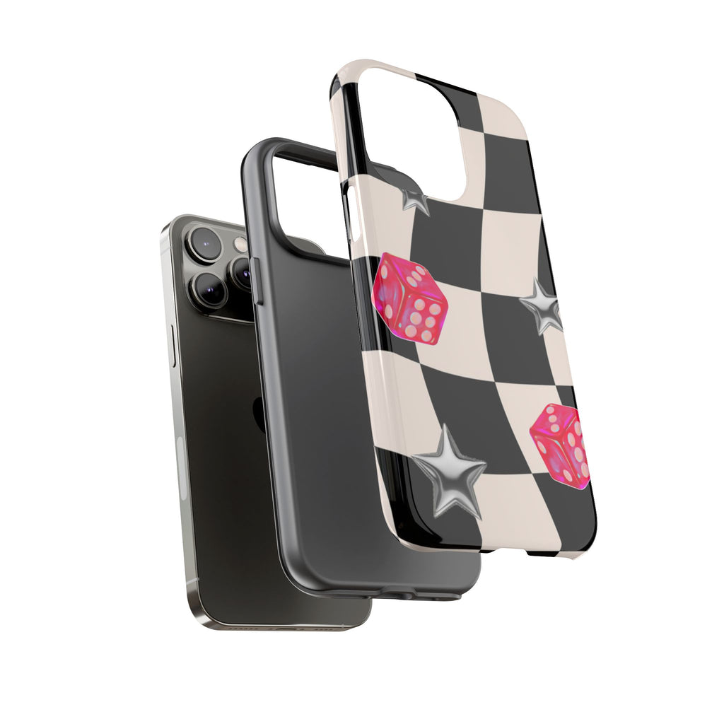 Black & White Checkerboard Dice — Retro Pink Dice & Silver Star iPhone Cover