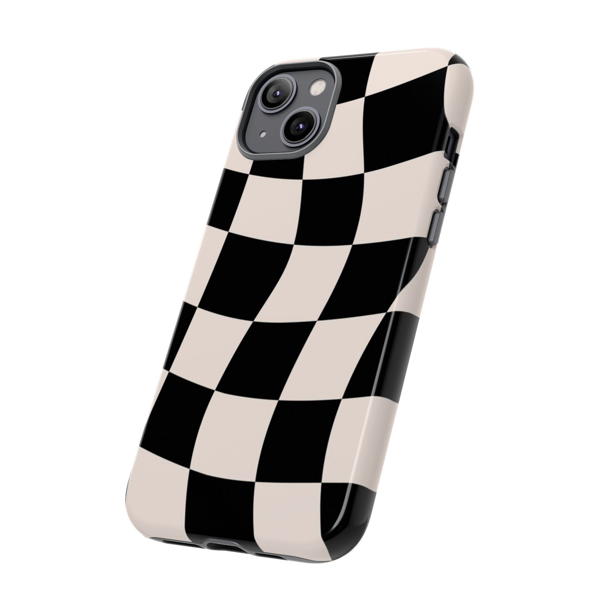 Black & White Wavy Checkered Phone Case — Black & Cream Retro Racing Pattern Tough Case