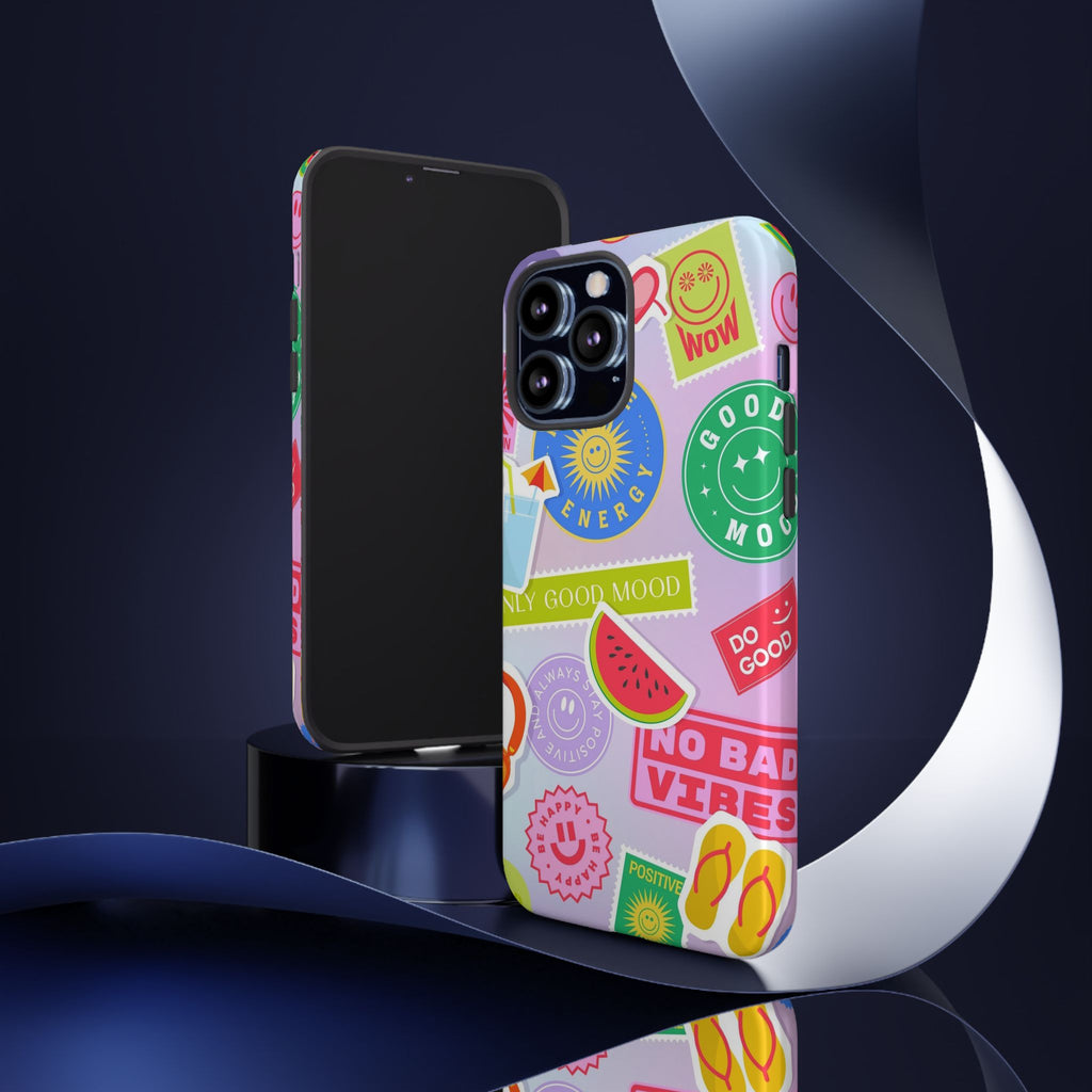 Good Vibes Only — Colorful Sticker Collage "No Bad Vibes" iPhone Case