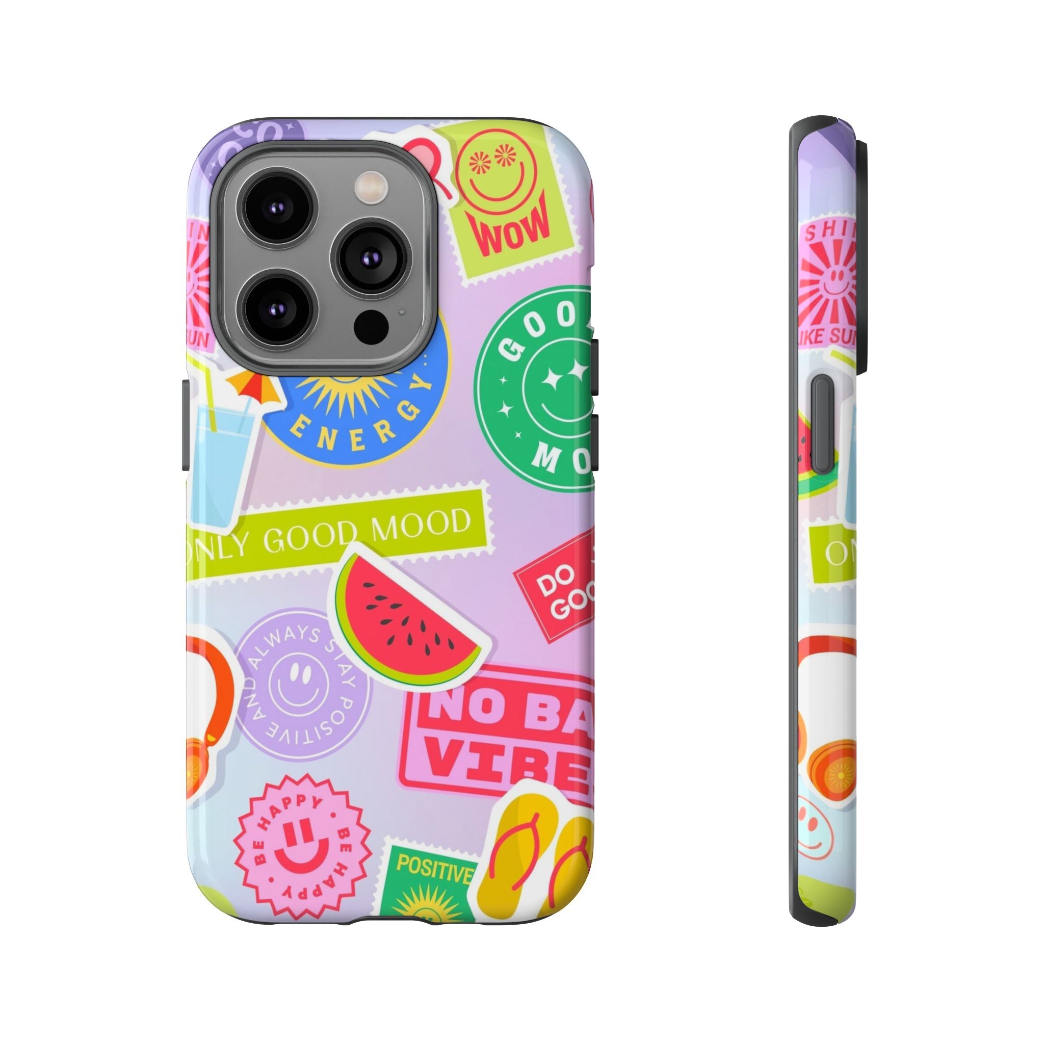 Good Vibes Only — Colorful Sticker Collage "No Bad Vibes" iPhone Case
