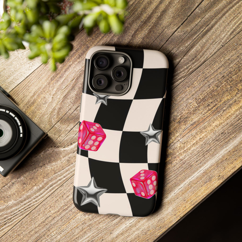 Black & White Checkerboard Dice — Retro Pink Dice & Silver Star iPhone Cover