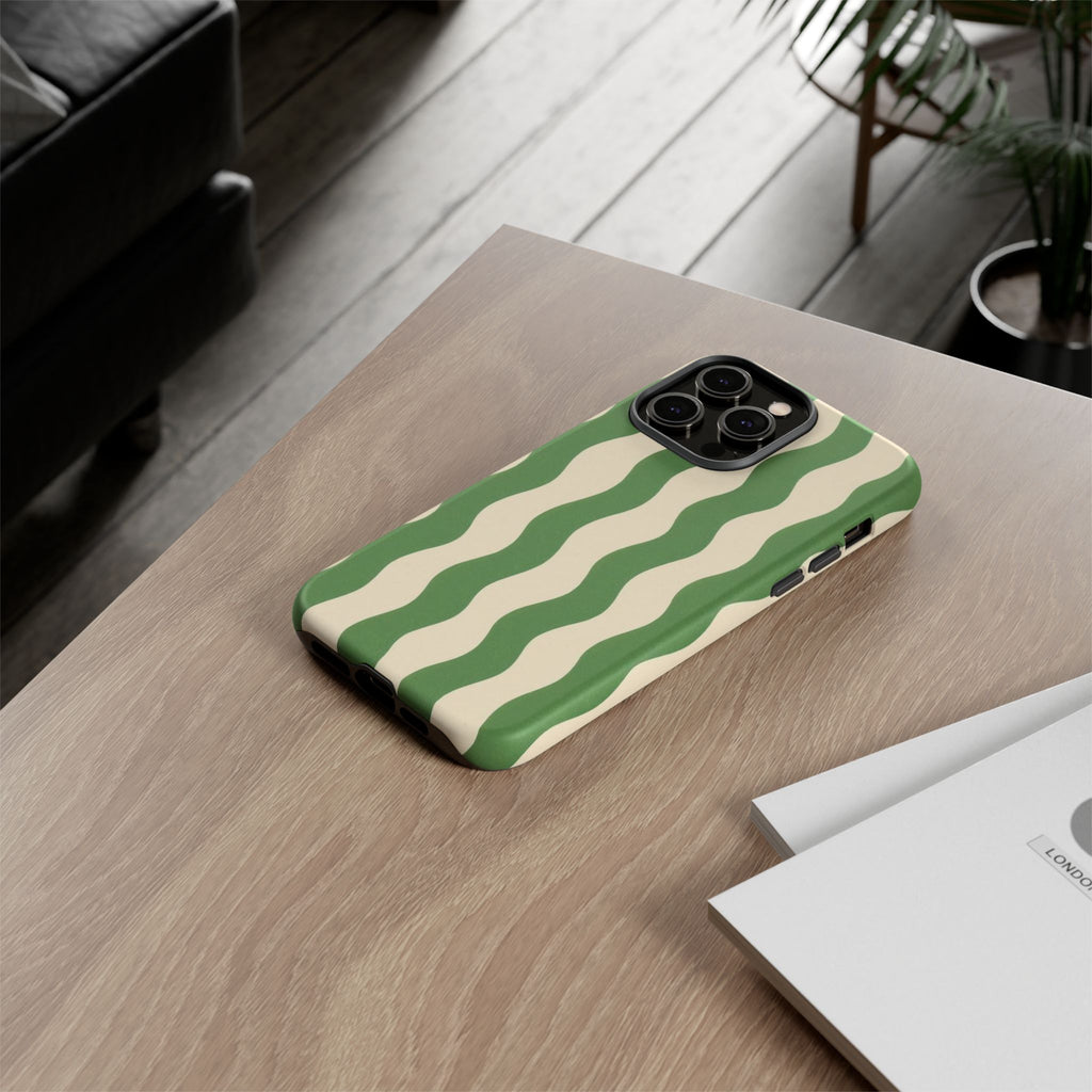 Wavy Green Stripe Phone Case — Retro Minimalist Tough Case