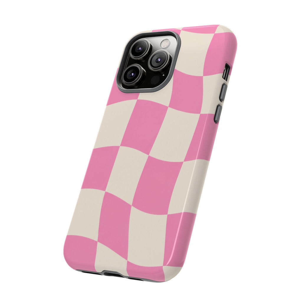 Pink Wavy Checkered Tough Phone Case — Retro Distorted Checkerboard Design