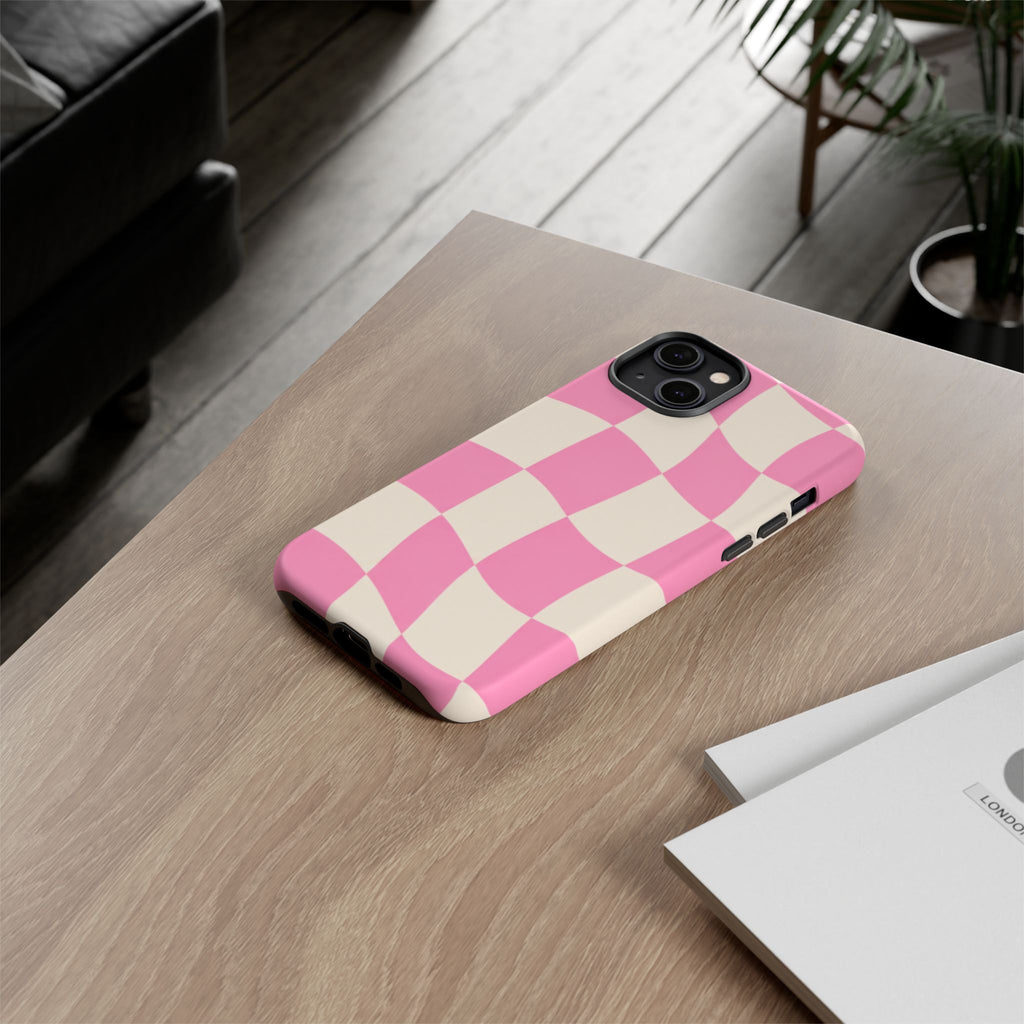 Pink Wavy Checkered Tough Phone Case — Retro Distorted Checkerboard Design