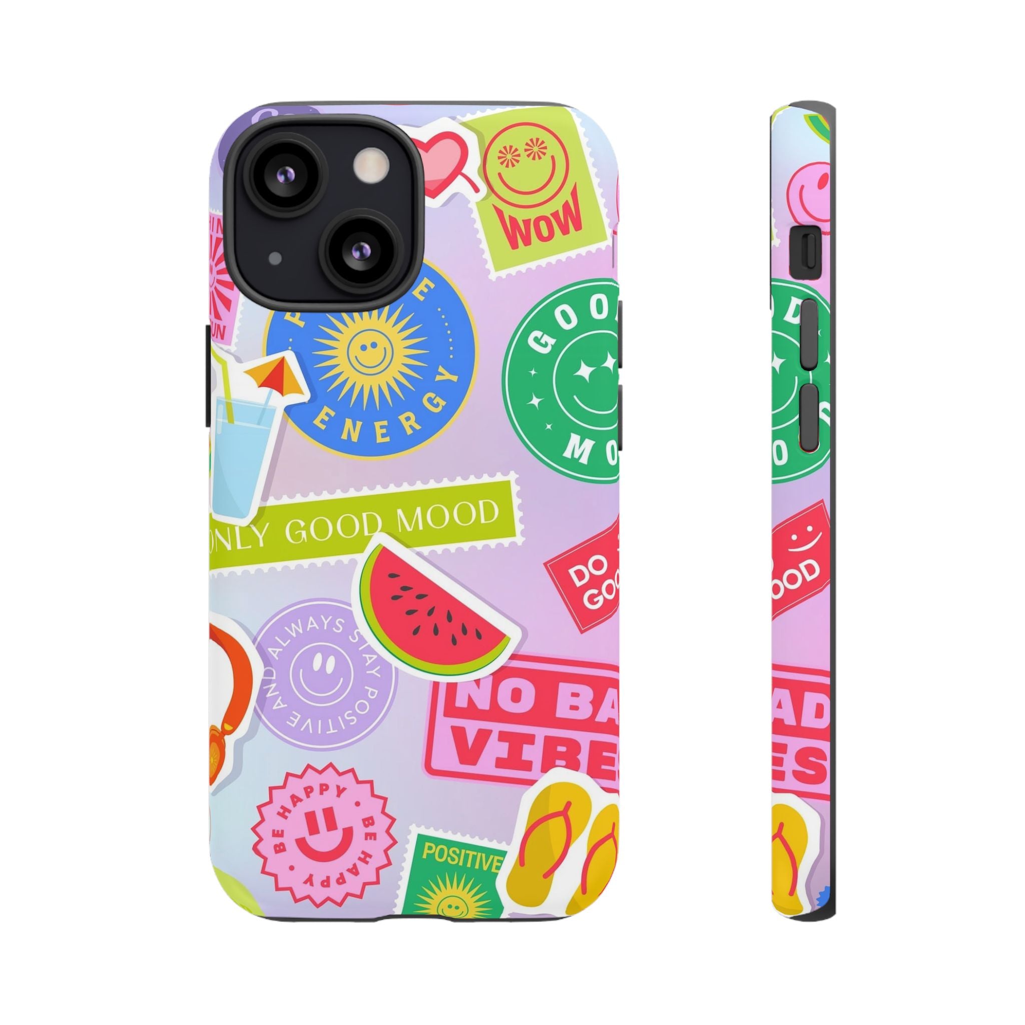 Good Vibes Only — Colorful Sticker Collage "No Bad Vibes" iPhone Case