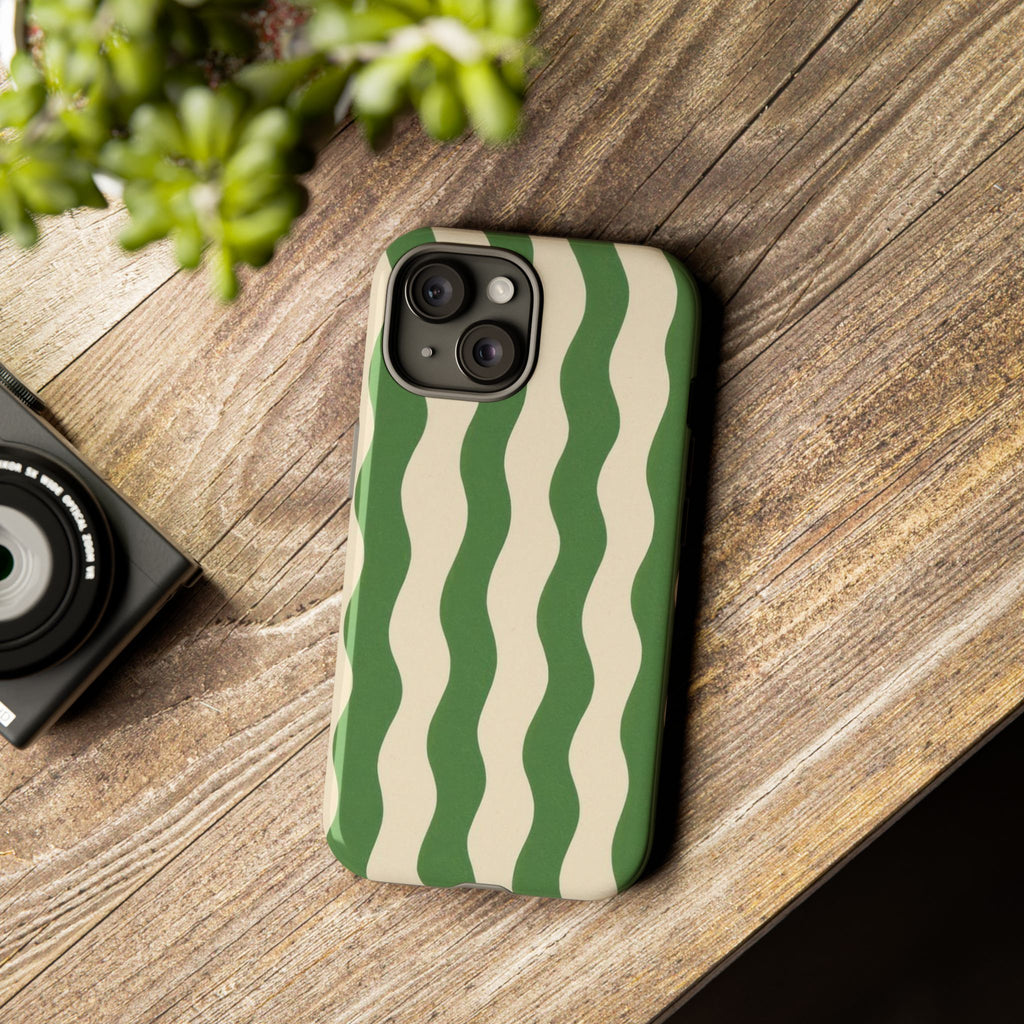Wavy Green Stripe Phone Case — Retro Minimalist Tough Case