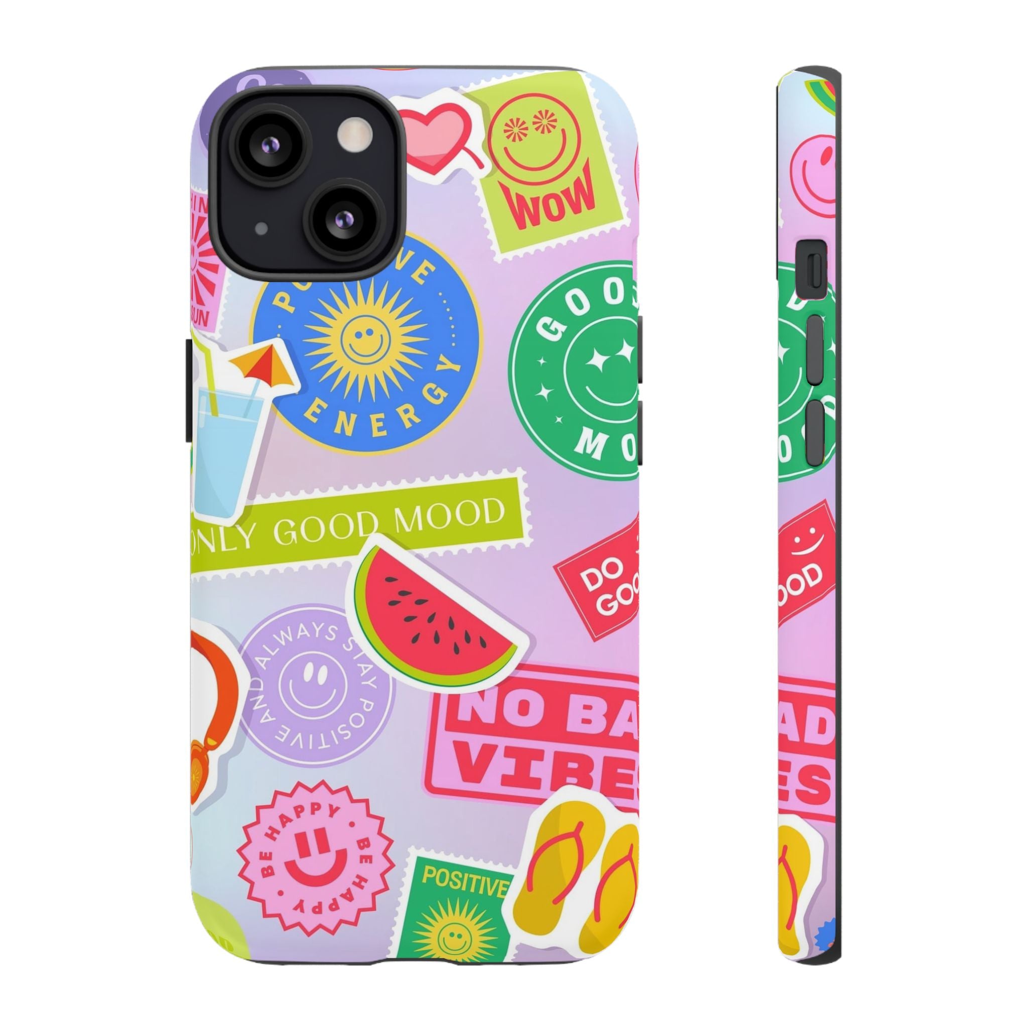 Good Vibes Only — Colorful Sticker Collage "No Bad Vibes" iPhone Case