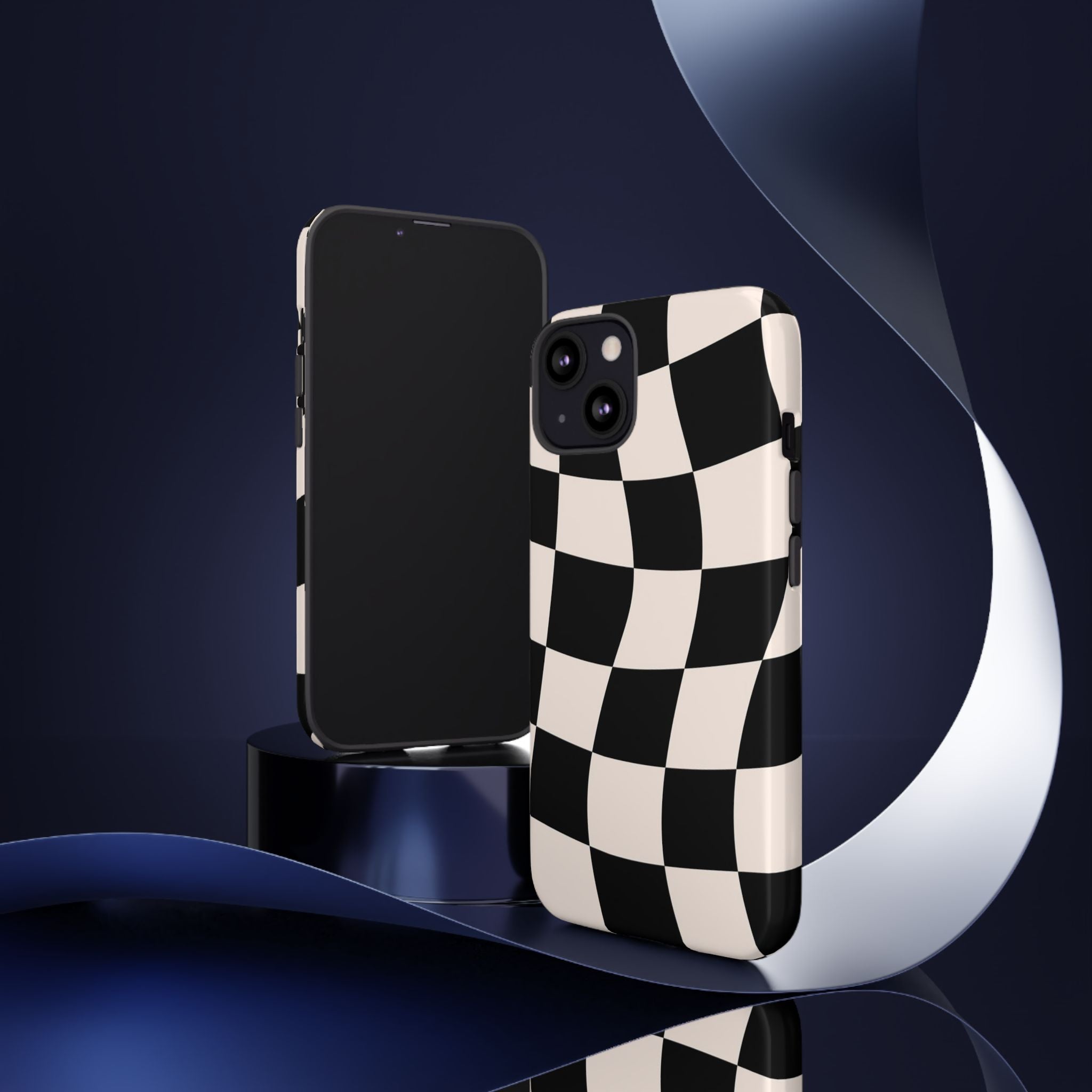Black & White Wavy Checkered Phone Case — Black & Cream Retro Racing Pattern Tough Case