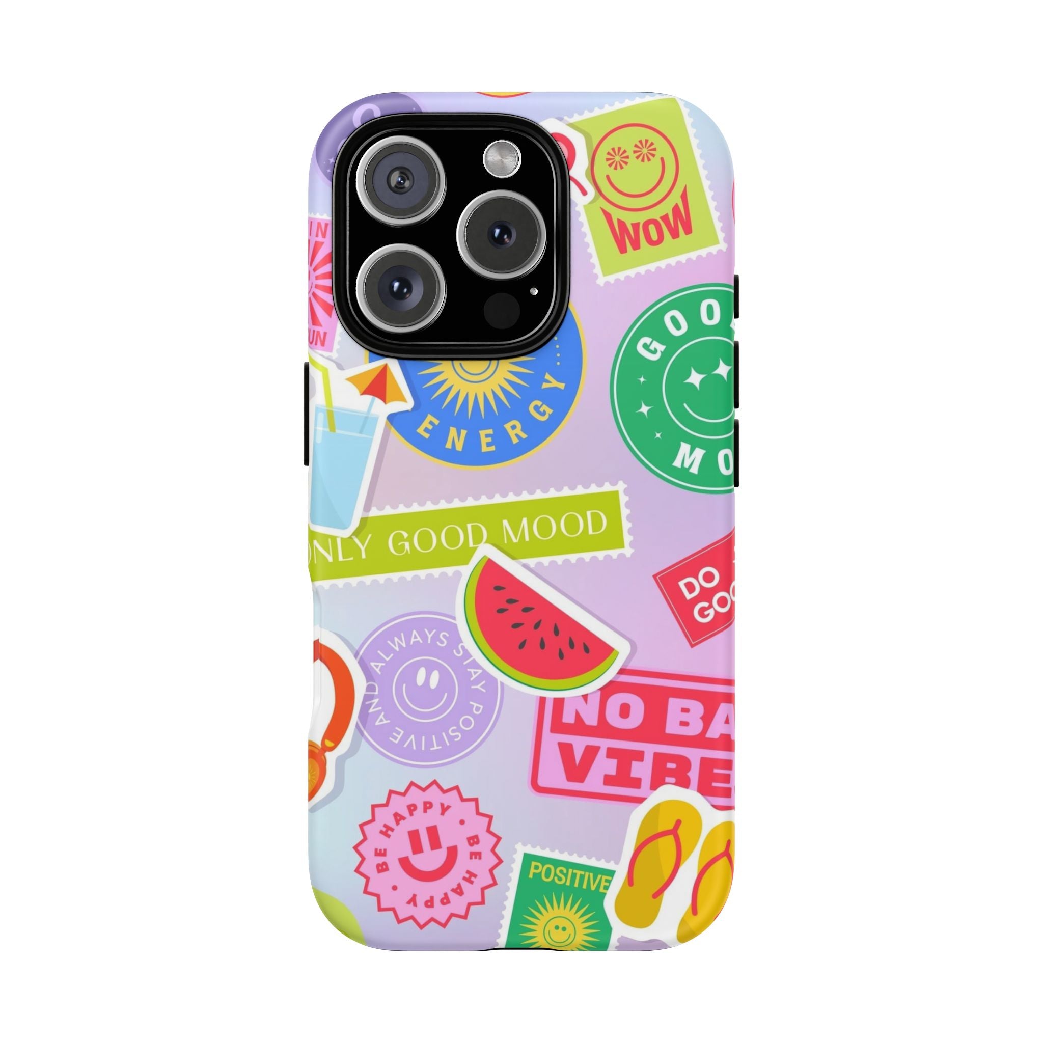 Good Vibes Only — Colorful Sticker Collage "No Bad Vibes" iPhone Case