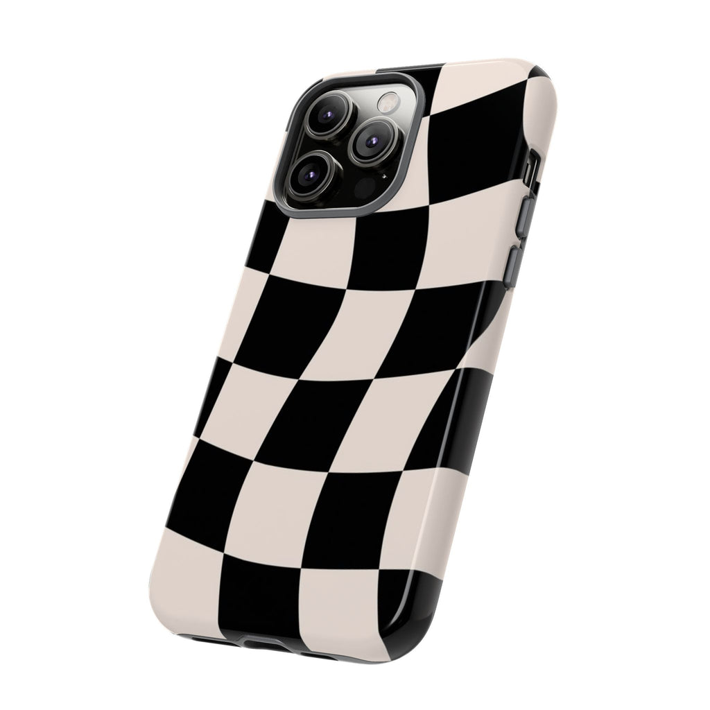 Black & White Wavy Checkered Phone Case — Black & Cream Retro Racing Pattern Tough Case