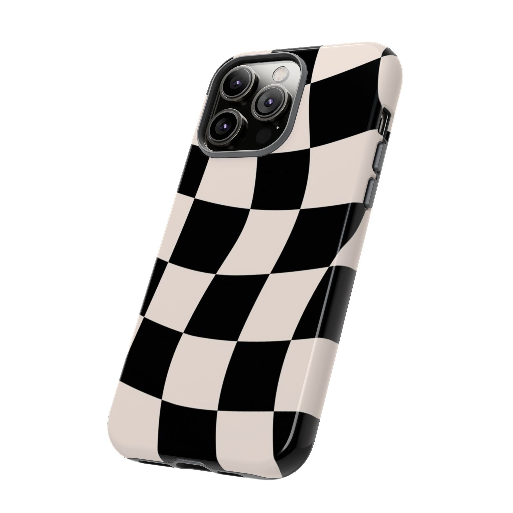 Black & White Wavy Checkered Phone Case — Black & Cream Retro Racing Pattern Tough Case