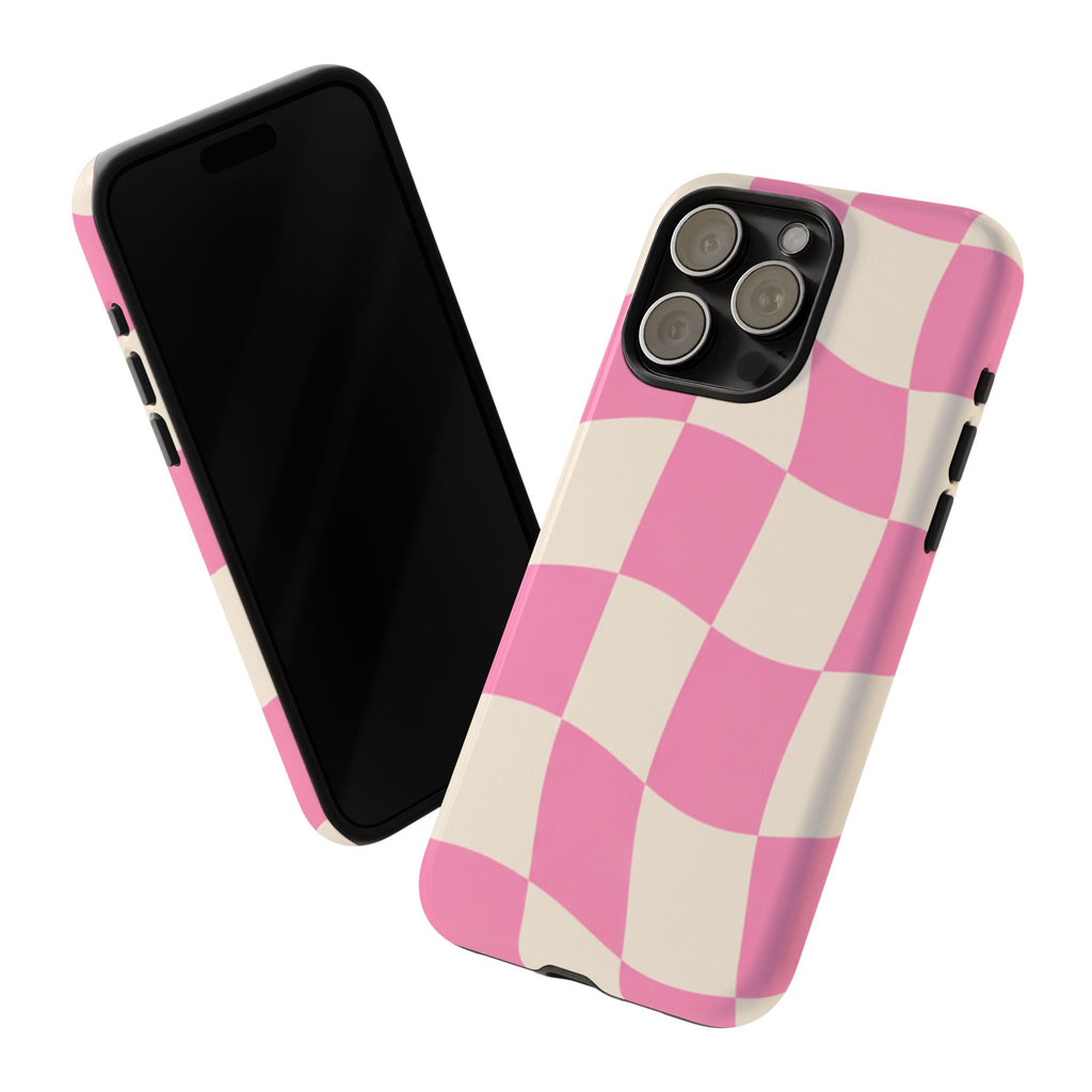 Pink Wavy Checkered Tough Phone Case — Retro Distorted Checkerboard Design