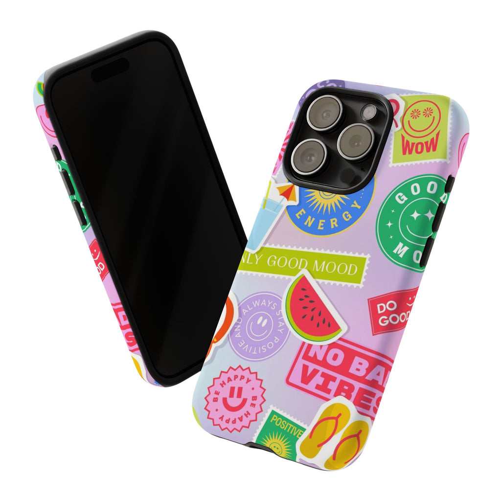 Good Vibes Only — Colorful Sticker Collage "No Bad Vibes" iPhone Case