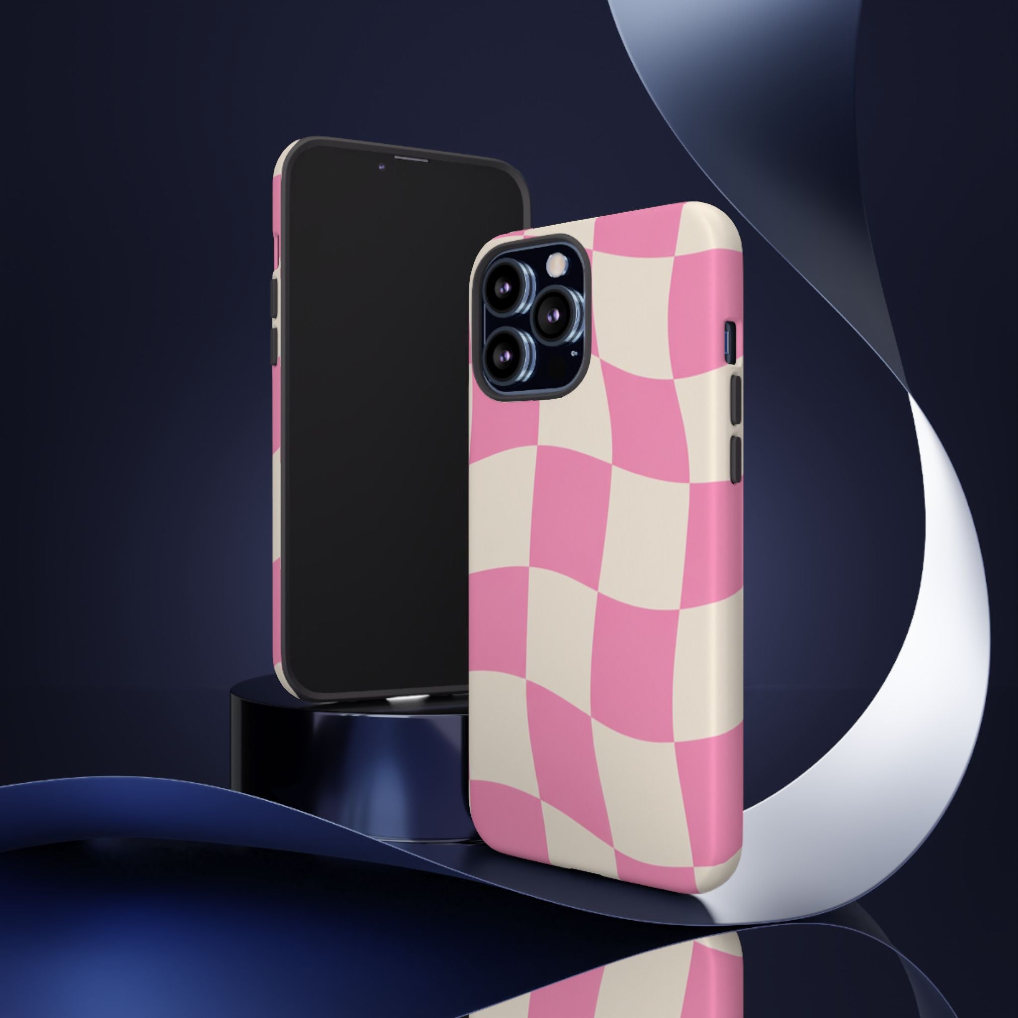 Pink Wavy Checkered Tough Phone Case — Retro Distorted Checkerboard Design