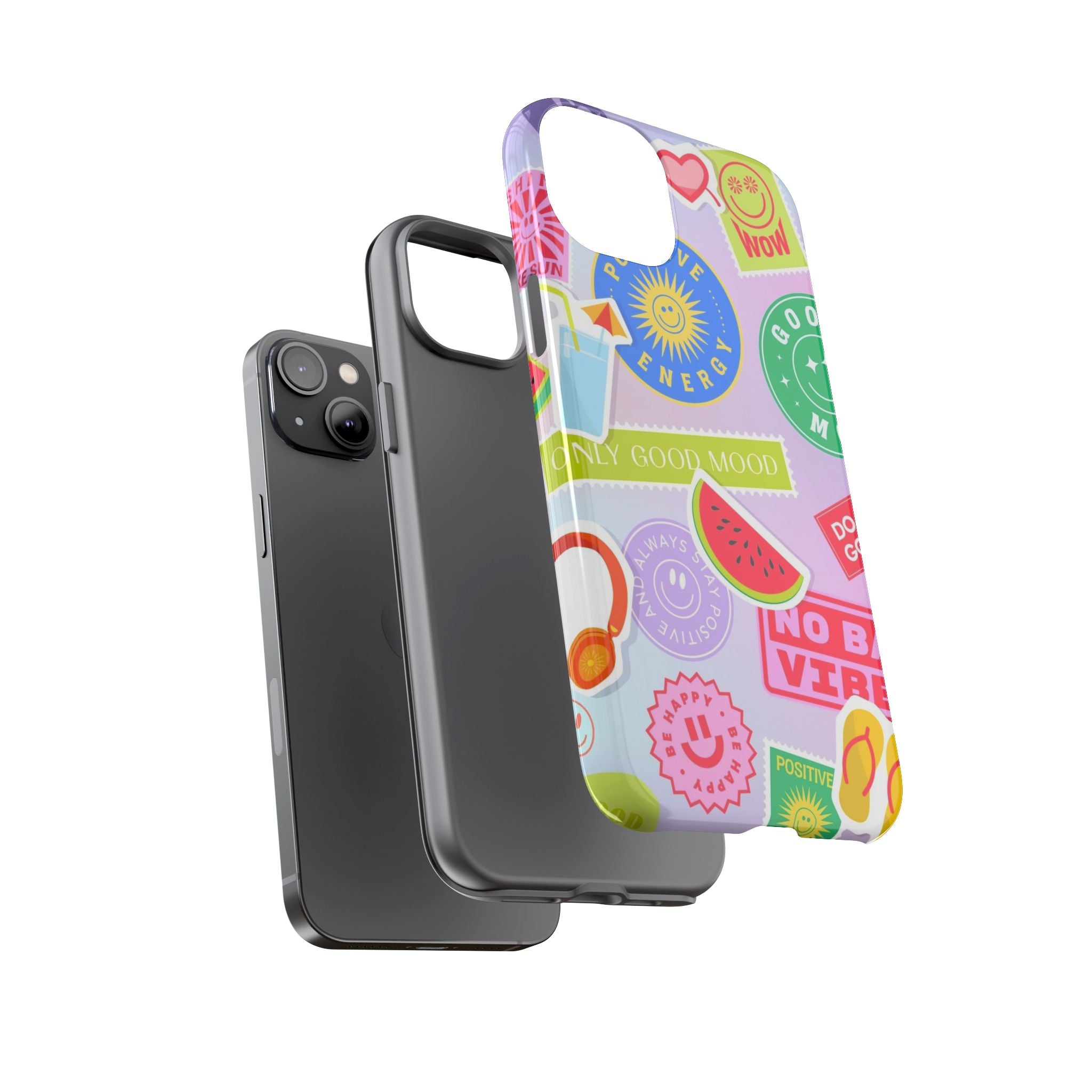 Good Vibes Only — Colorful Sticker Collage "No Bad Vibes" iPhone Case