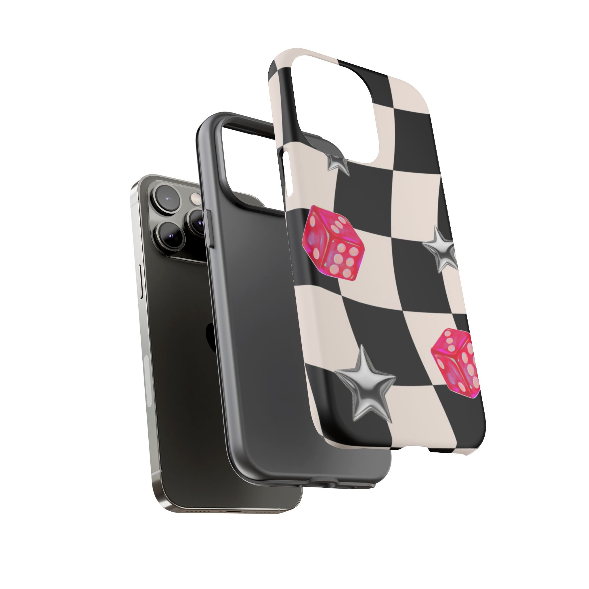 Black & White Checkerboard Dice — Retro Pink Dice & Silver Star iPhone Cover