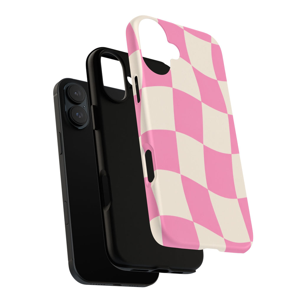 Pink Wavy Checkered Tough Phone Case — Retro Distorted Checkerboard Design