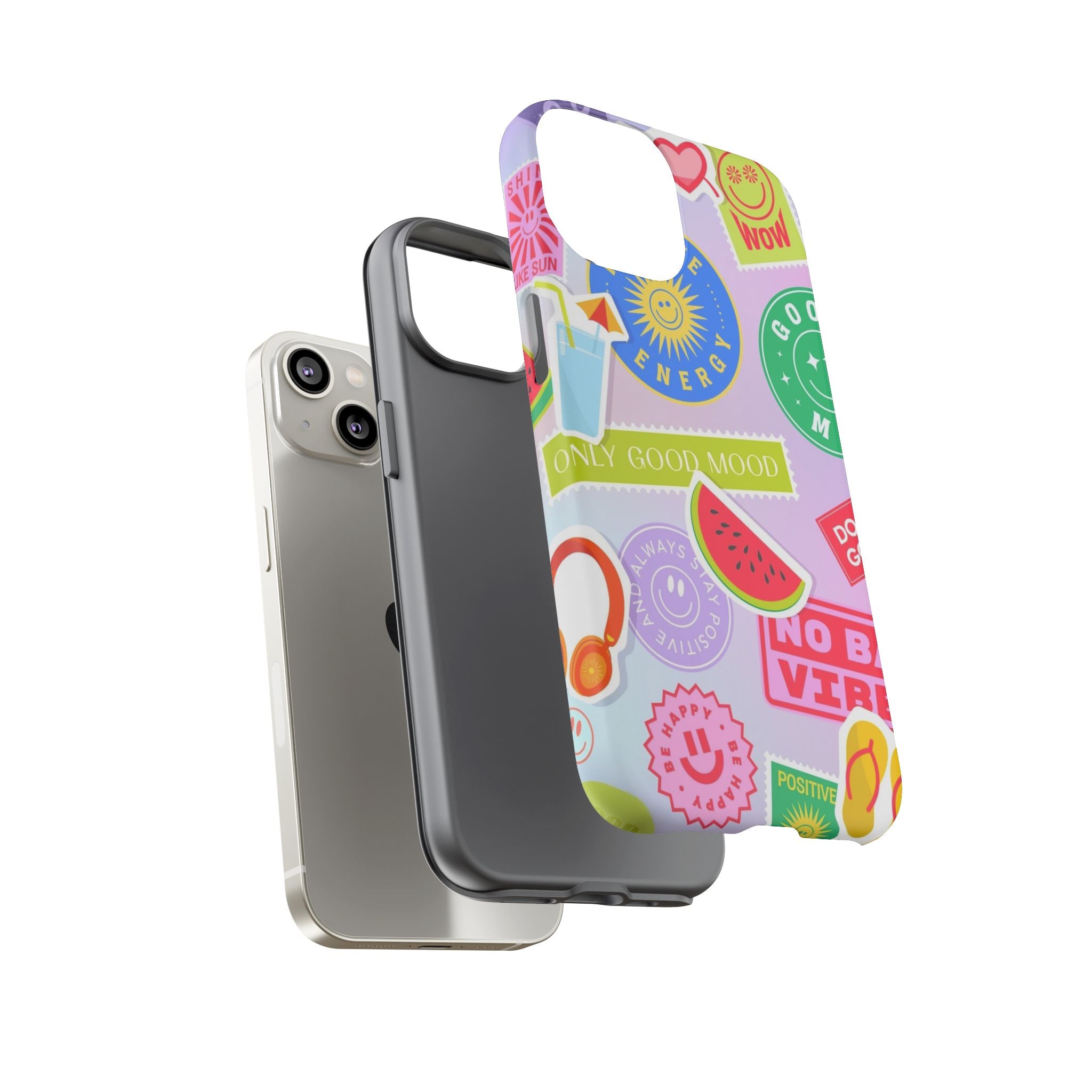 Good Vibes Only — Colorful Sticker Collage "No Bad Vibes" iPhone Case