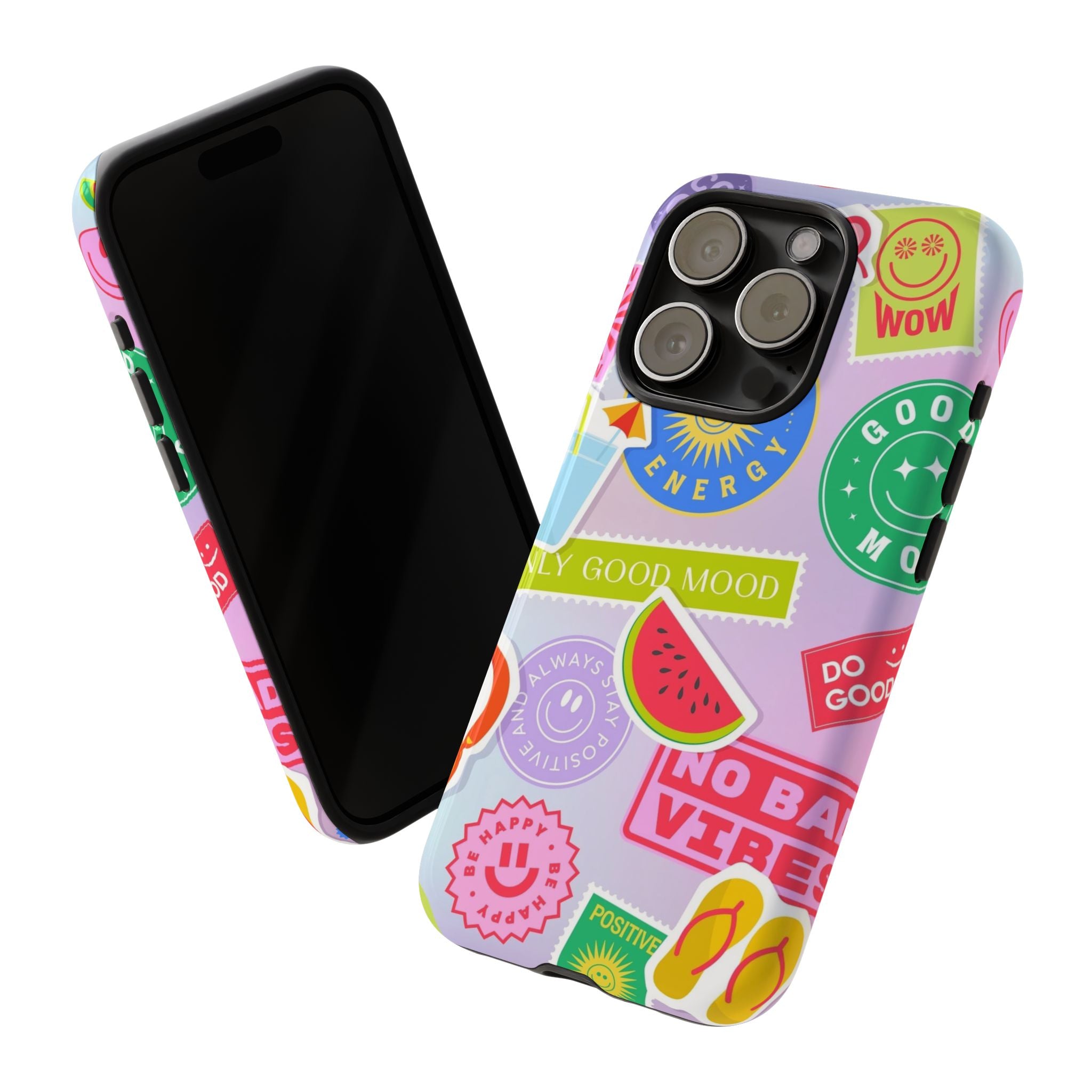 Good Vibes Only — Colorful Sticker Collage "No Bad Vibes" iPhone Case