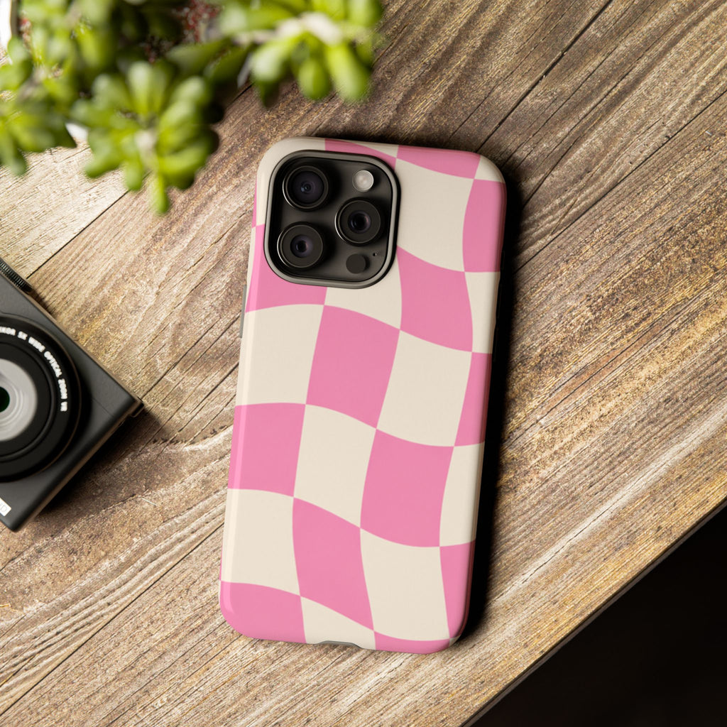 Pink Wavy Checkered Tough Phone Case — Retro Distorted Checkerboard Design