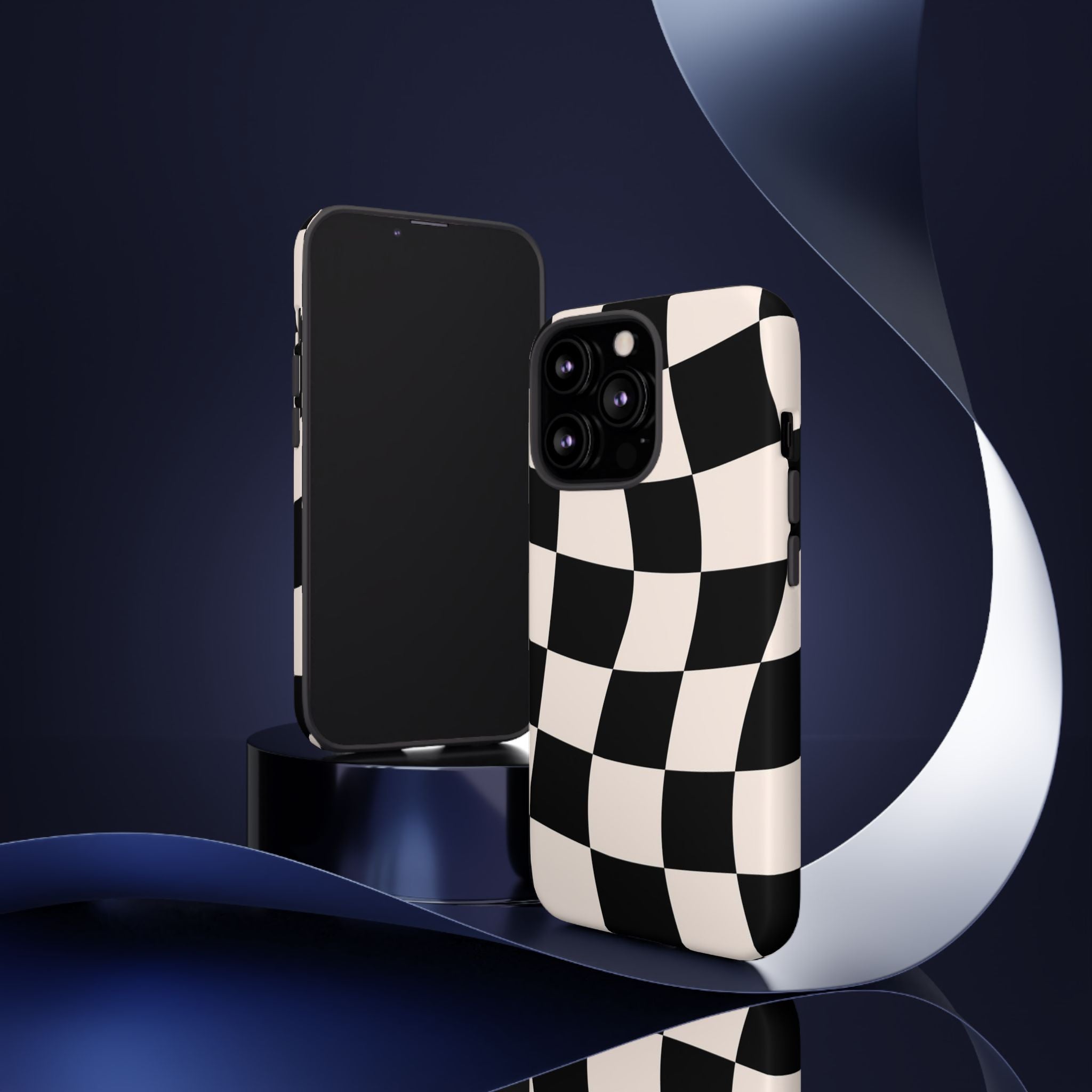 Black & White Wavy Checkered Phone Case — Black & Cream Retro Racing Pattern Tough Case