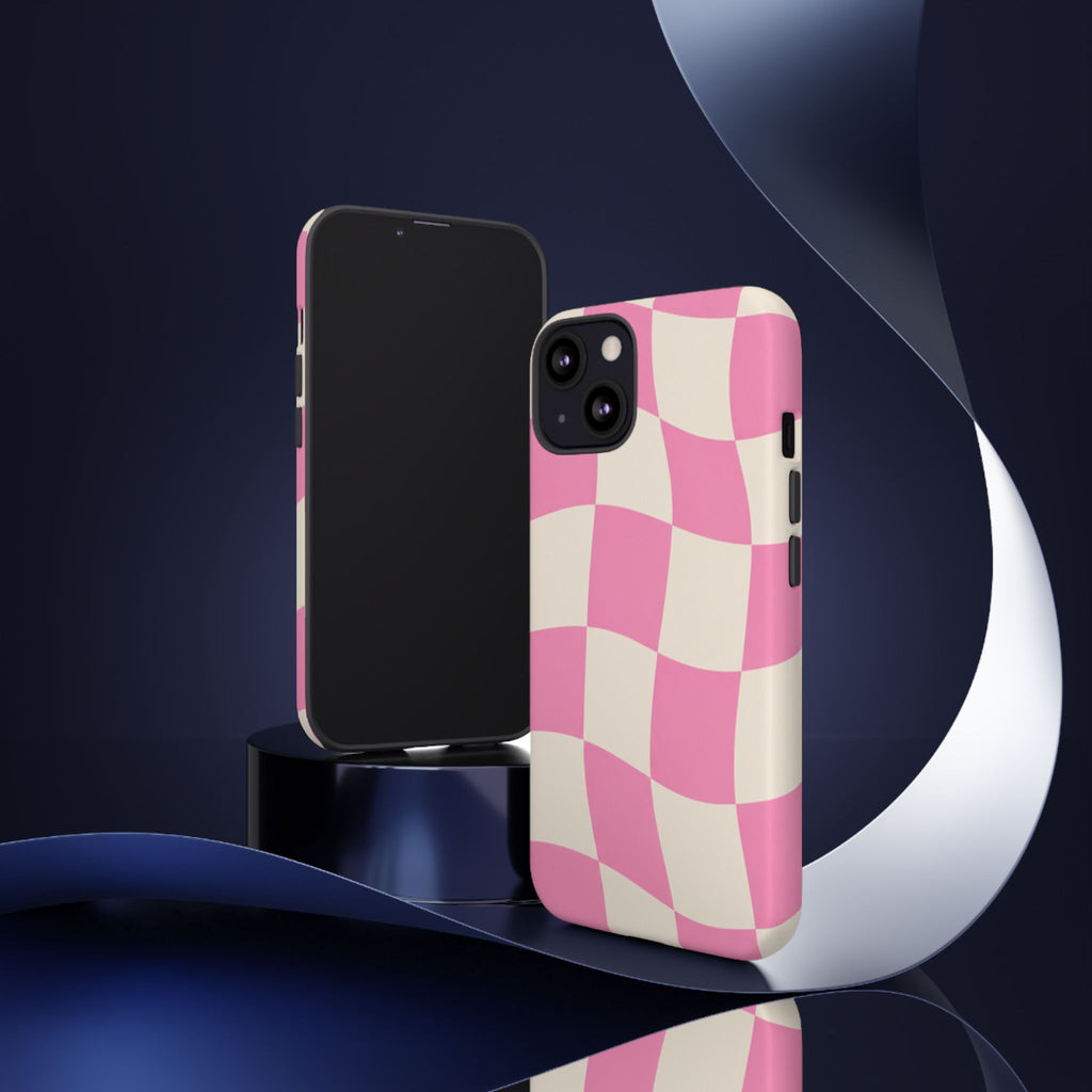 Pink Wavy Checkered Tough Phone Case — Retro Distorted Checkerboard Design