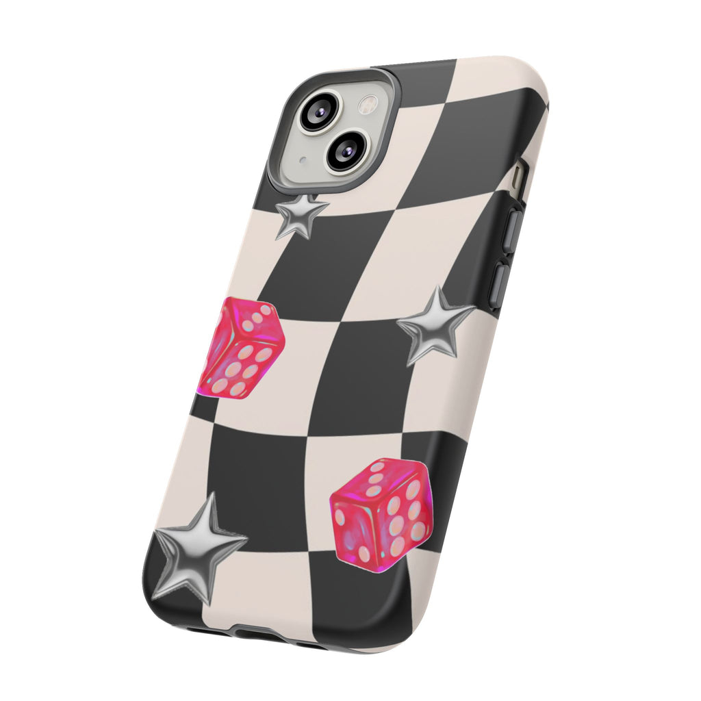 Black & White Checkerboard Dice — Retro Pink Dice & Silver Star iPhone Cover