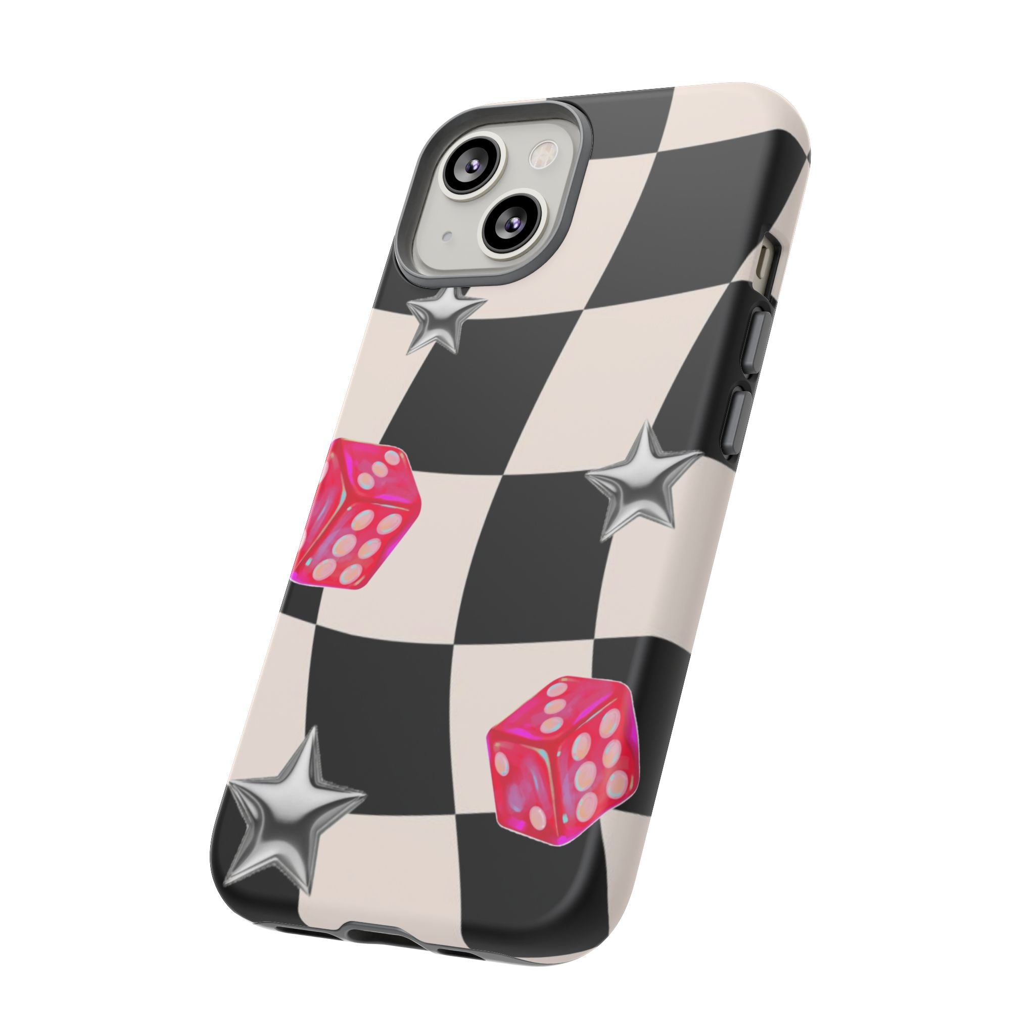 Black & White Checkerboard Dice — Retro Pink Dice & Silver Star iPhone Cover