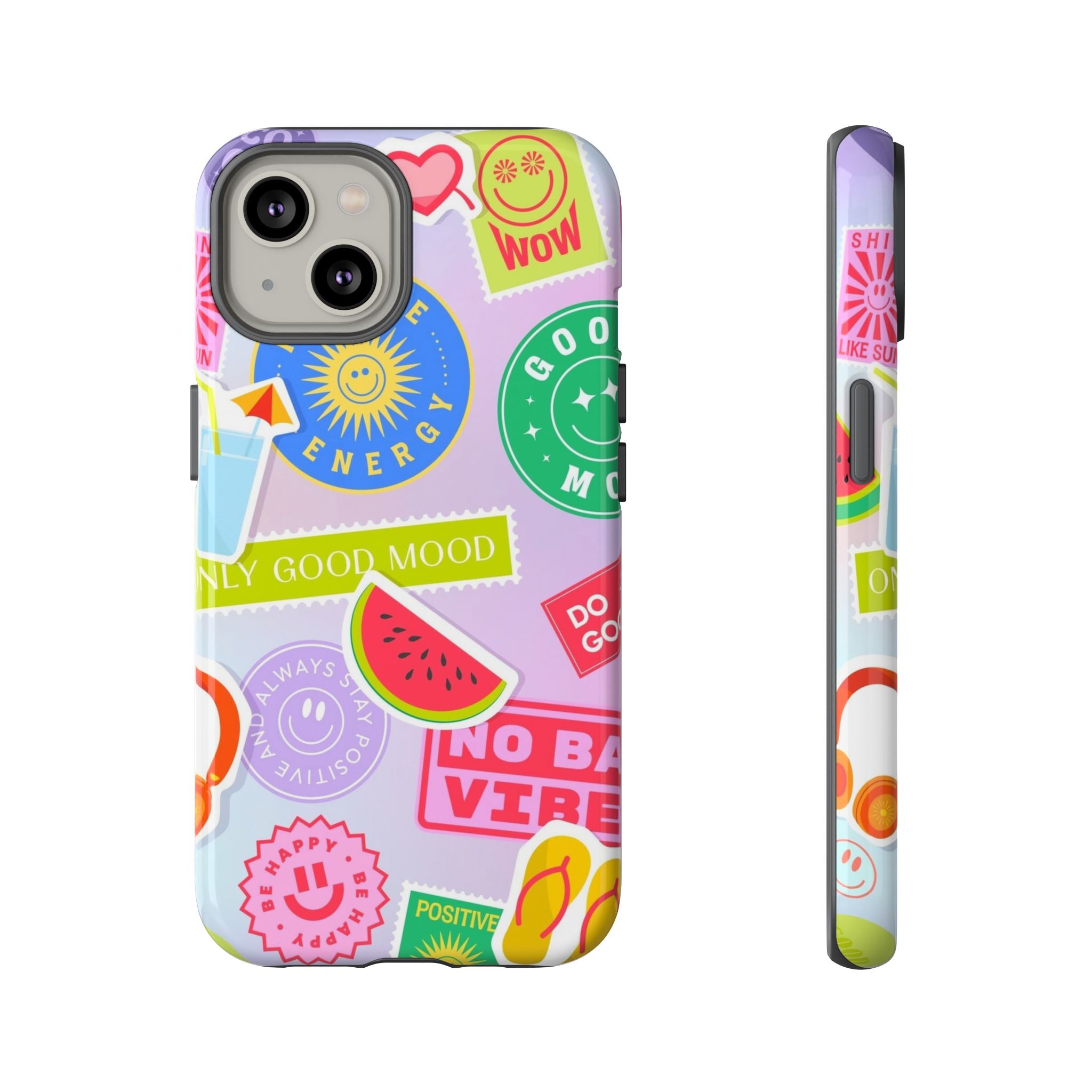 Good Vibes Only — Colorful Sticker Collage "No Bad Vibes" iPhone Case