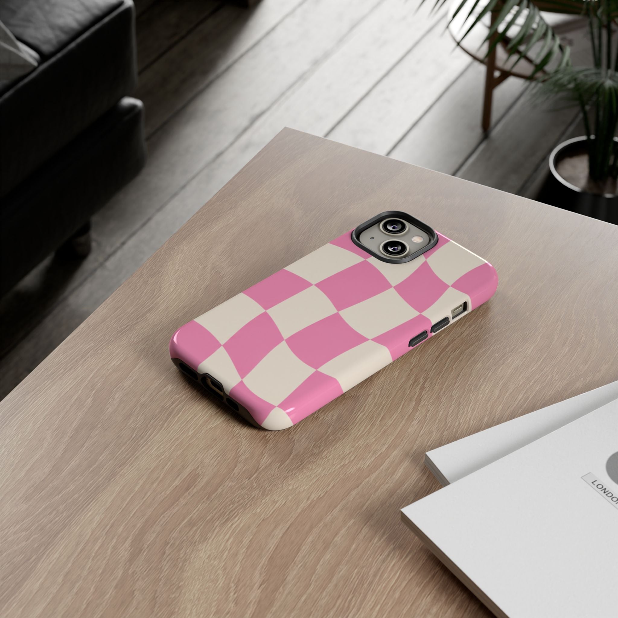 Pink Wavy Checkered Tough Phone Case — Retro Distorted Checkerboard Design