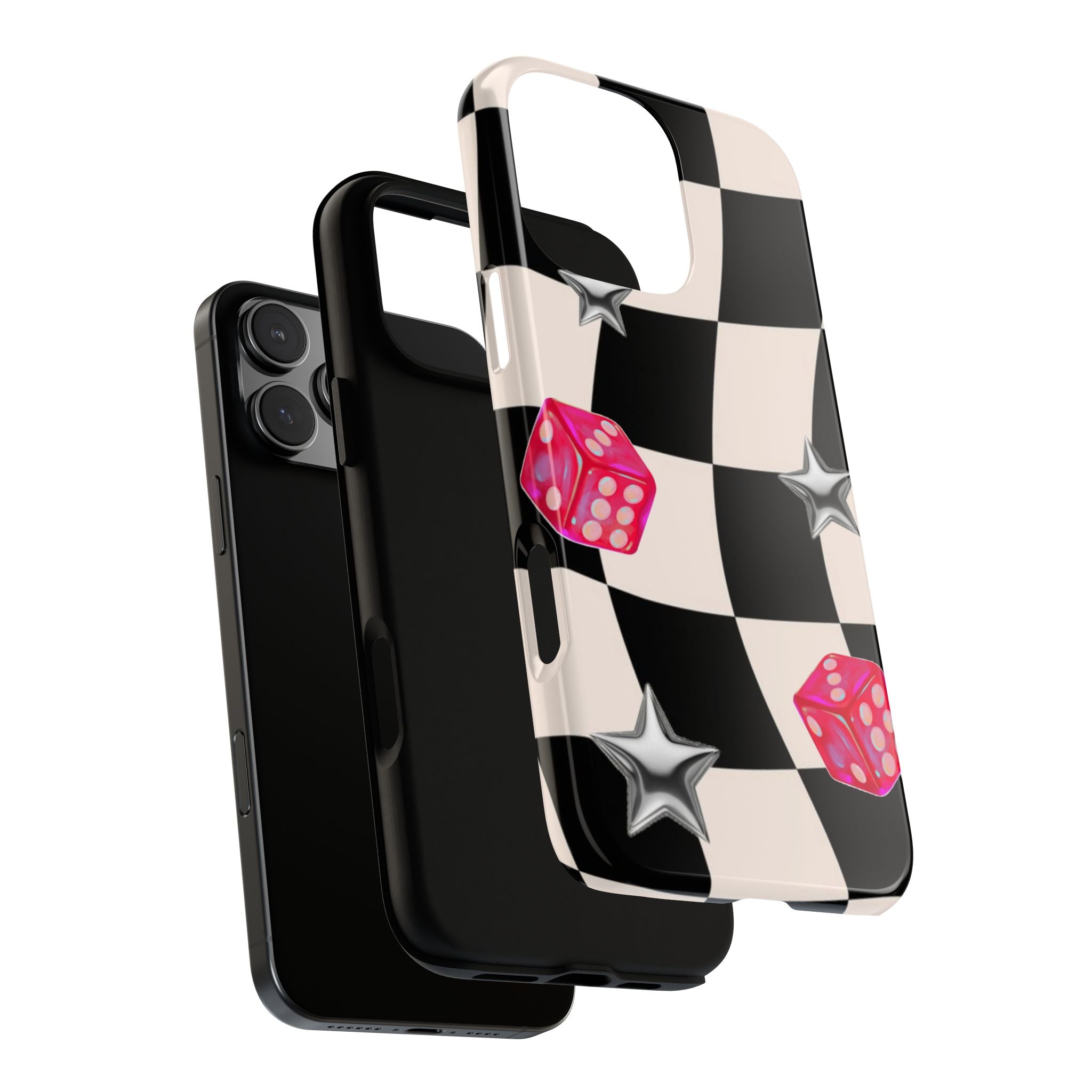 Black & White Checkerboard Dice — Retro Pink Dice & Silver Star iPhone Cover
